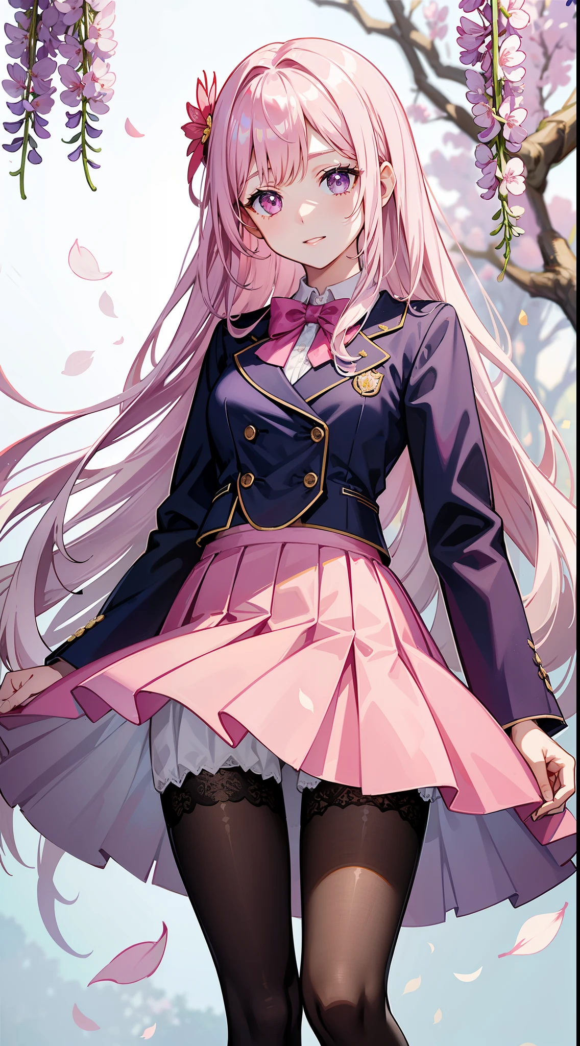 A girl in school uniform stands in front of a tree,tree branch上有pink flowers that,1 sister,by bangare tree,blazer jacket,Bow knot,neck bowtie,tree branch,Sakura NS,领The shirt,Daysiealling petallorest background,Flowers,graduate,flower sea,jaket,Long gray hair,longer sleeves,looking at viewert,allure,lace hose,petals,pink flowers that,What about the lattice,pleatedskirt,club,校服,The shirt,a skirt,ssmile,独奏,springtime \ (seasons \),that tree,Wisteria - anime ,Black silk pantyhose