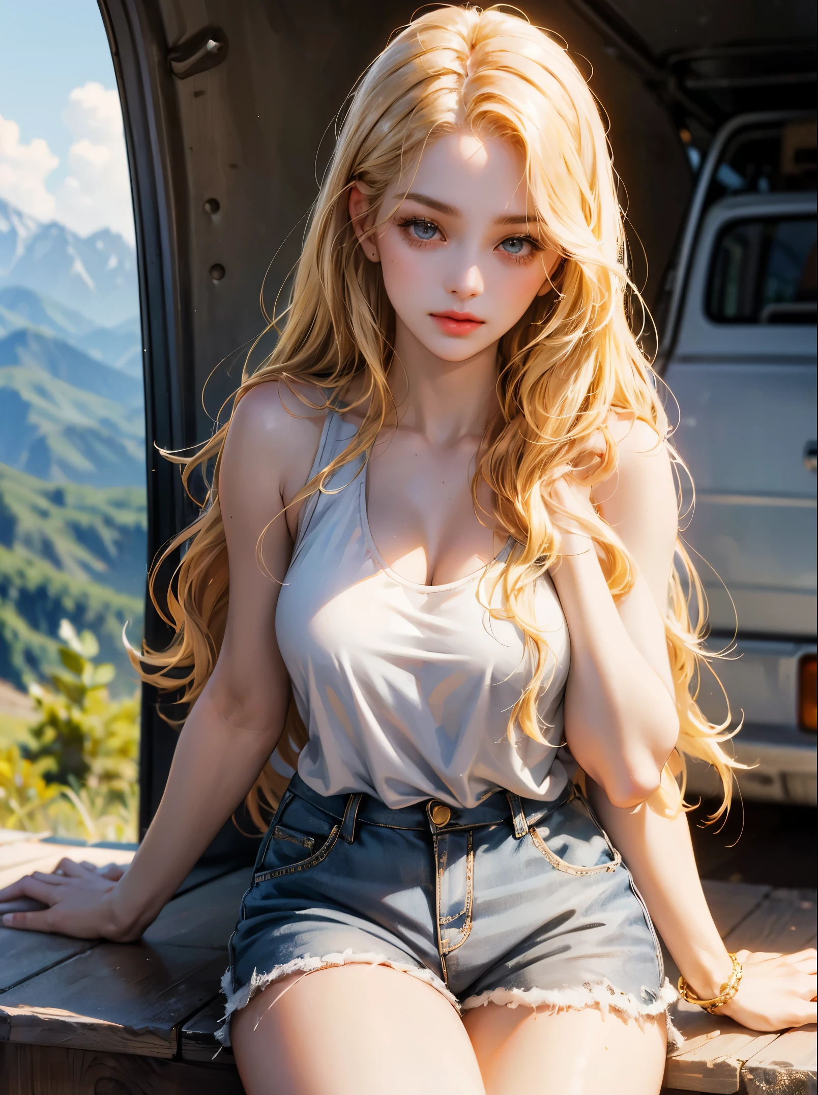 A girl, long blonde hair, wavy hair, no bangs, medium breast, grey eyes. She wears shorts and tank-top, beautiful girl, detailed eyes, detailed face, detailed hands, she looks at the viewer. She is sitting on top of a mountain van. Full Figure. Background mountains