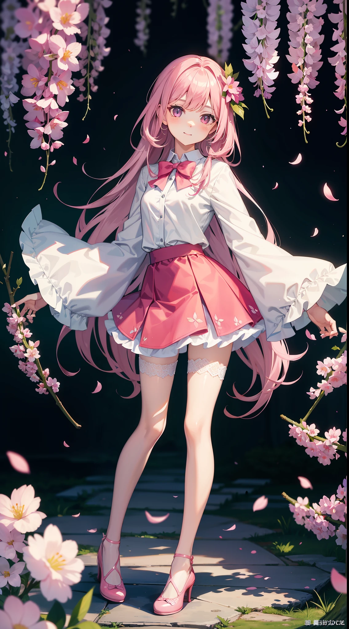 A girl in school uniform stands in front of a tree,tree branch上有pink flowers that,1 sister,by bangare tree,blazer jacket,Bow knot,neck bowtie,tree branch,Sakura NS,领The shirt,Daysiealling petallorest background,Flowers,graduate,flower sea,jaket,Long gray hair,longer sleeves,looking at viewert,allure,lace hose,petals,pink flowers that,What about the lattice,pleatedskirt,club,校服,The shirt,a skirt,ssmile,独奏,springtime \ (seasons \),that tree,Wisteria - anime ,Black silk pantyhose