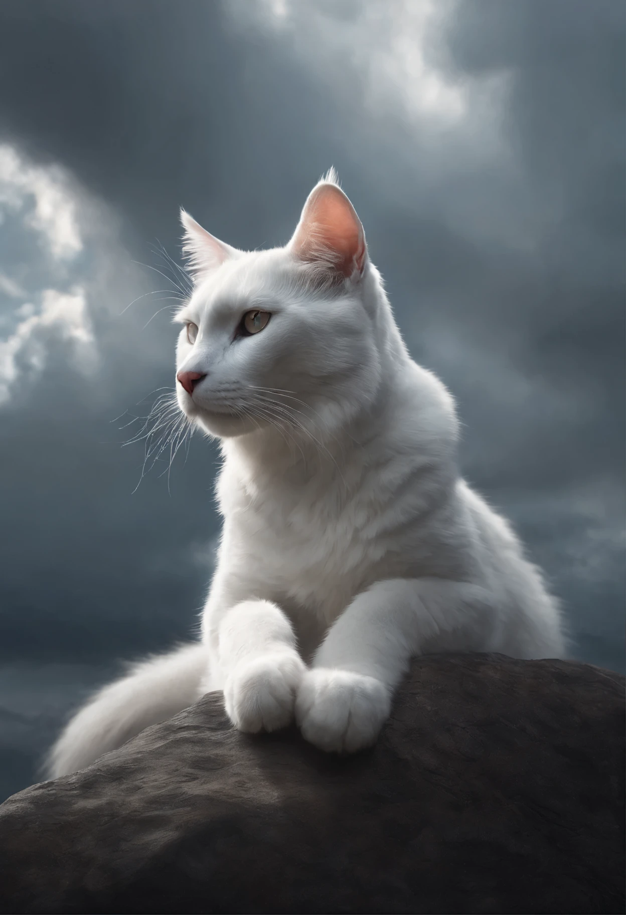 a white cat sits on a stone under a cloudy sky, highly detailed 4k digital art, Фан-арт Warrior Cats, Anthropomorphic lynx, very very beautiful furry art, furry fantasy art, 4k detailed digital art, beautiful digital artwork, realistic fantasy illustration, Yuri Shwedoff and Tom Bagshaw, by Cynthia Sheppard, marc adamus