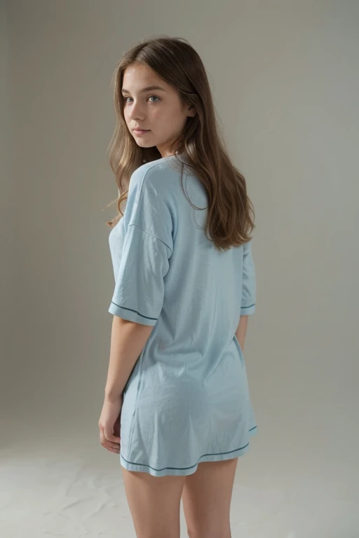A pretty blonde girl standing facing away from the camera. Seen from behind. Full body picture. She is wearing light blue cotton pajamas. Plain grey background with Nothing else visible.