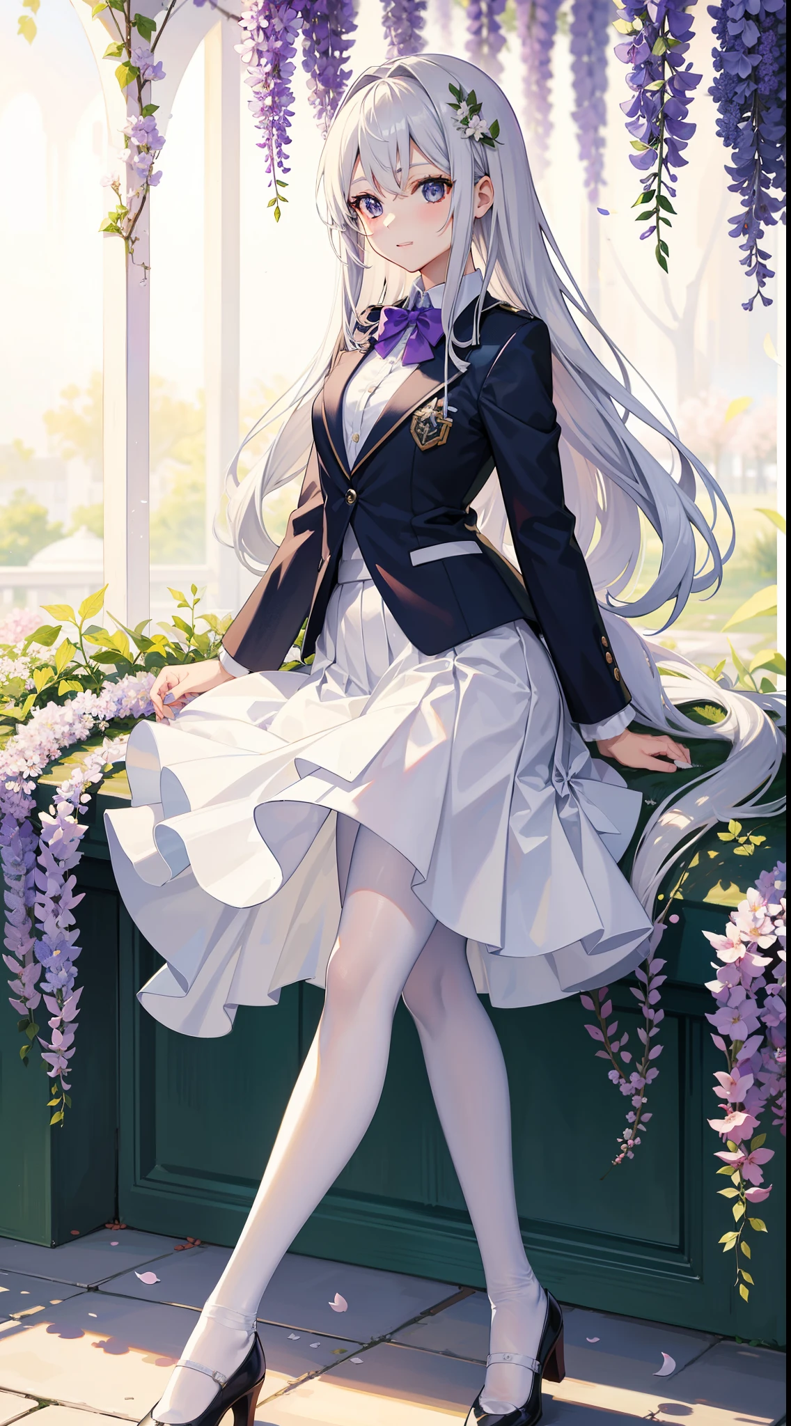 A girl in school uniform stands in front of a tree,tree branch上有粉红色的blossoms,1 Sister,by bangare tree,blazer jacket,Bow knot,neck bowtie,tree branch,Sakura NS,领The shirt,Daysiealling petallorest background,blossoms,graduate,flower sea,jaket,Long gray hair,longer sleeves,looking at viewert,luring,lace hose,petals,粉红色的blossoms,What about the lattice,pleatedskirt,club,校服,The shirt,a skirt,ssmile,独奏,springtime \ (seasons \),that tree,Wisteria - anime ,White silk pantyhose
