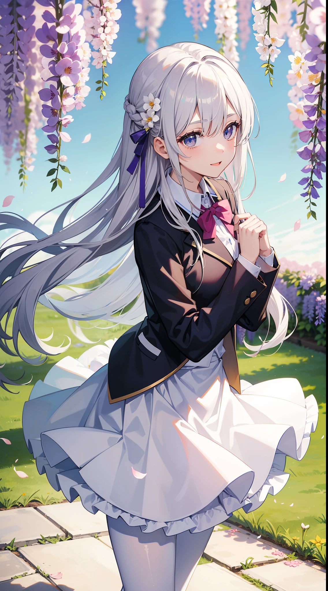 A girl in school uniform stands in front of a tree，tree branch上有粉红色的blossoms，1 Sister，by bangare tree，blazer jacket，Bow knot，neck bowtie，tree branch，Sakura NS，领The shirt，Daysiealling petallorest background，blossoms，graduate，flower  sea，jaket，Long gray hair，longer sleeves，looking at viewert，luring，lace hose，petals，粉红色的blossoms，What about the lattice，pleatedskirt，club，校服，The shirt，a skirt，ssmile，独奏，springtime \ (seasons \)，that tree，Wisteria - anime ，White silk pantyhose