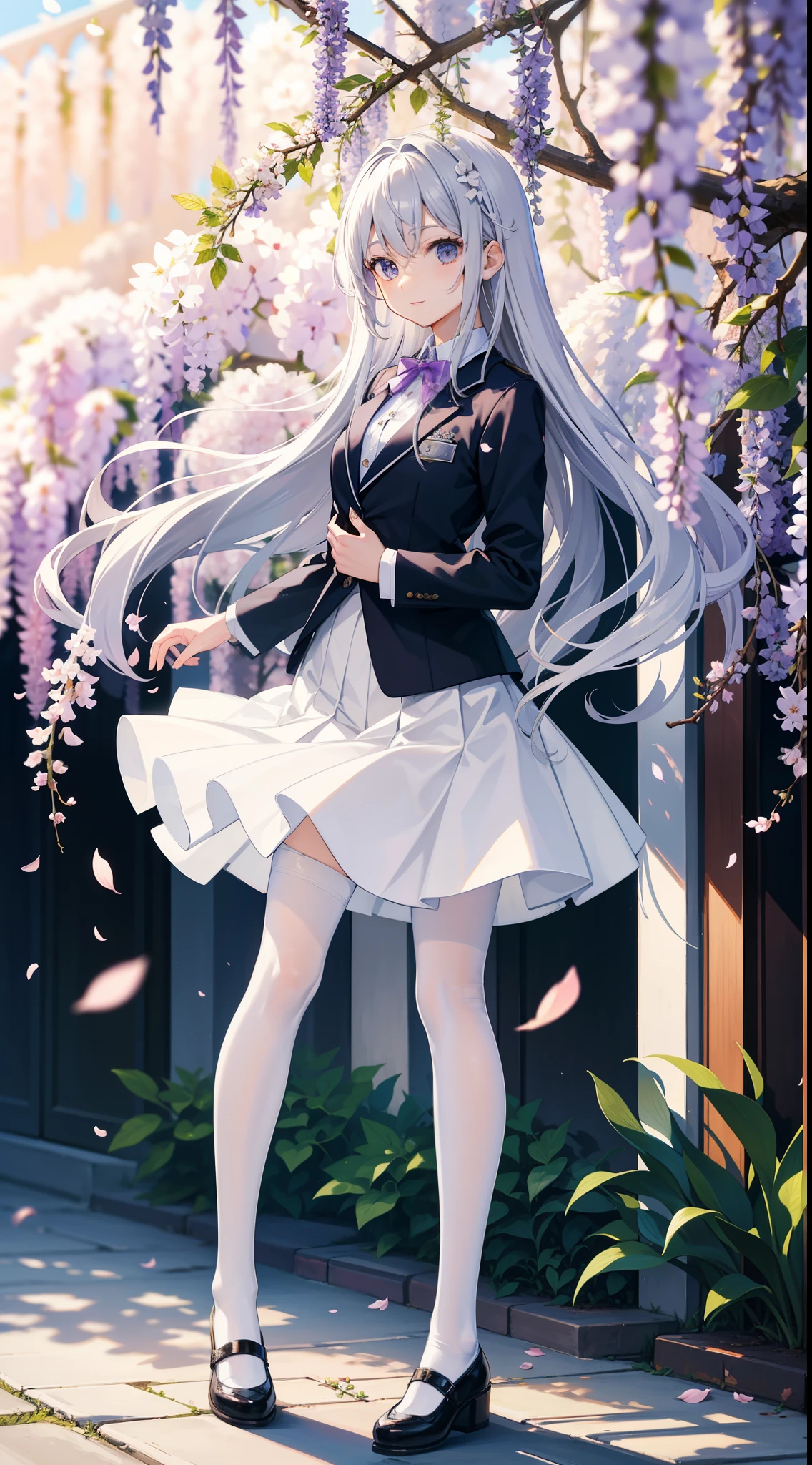 A girl in school uniform stands in front of a tree，tree branch上有粉红色的blossoms，1 Sister，by bangare tree，blazer jacket，Bow knot，neck bowtie，tree branch，Sakura NS，领The shirt，Daysiealling petallorest background，blossoms，graduate，flower  sea，jaket，Long gray hair，longer sleeves，looking at viewert，luring，lace hose，petals，粉红色的blossoms，What about the lattice，pleatedskirt，club，校服，The shirt，a skirt，ssmile，独奏，springtime \ (seasons \)，that tree，Wisteria - anime ，White silk pantyhose