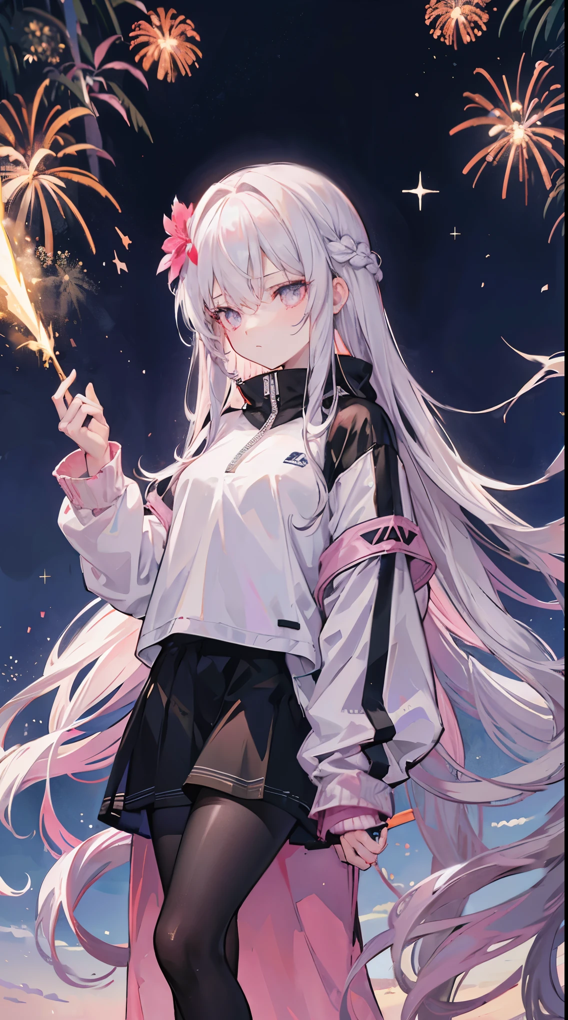 Light pink and uneven long hair,The hair curtain is very long,The hair curtain covers one eye,hair slightly upward,Has gray eyes,sparkle in eyes,Girl of medium build,There is a flower on the head,sunset over empty countryside,Holding a lit fireworks stick in his hand,He was wearing a black tracksuit,black cape skirt,I look lonely and lonely,The atmosphere is desolate,cold shades,He bowed his head,Black silk pantyhose