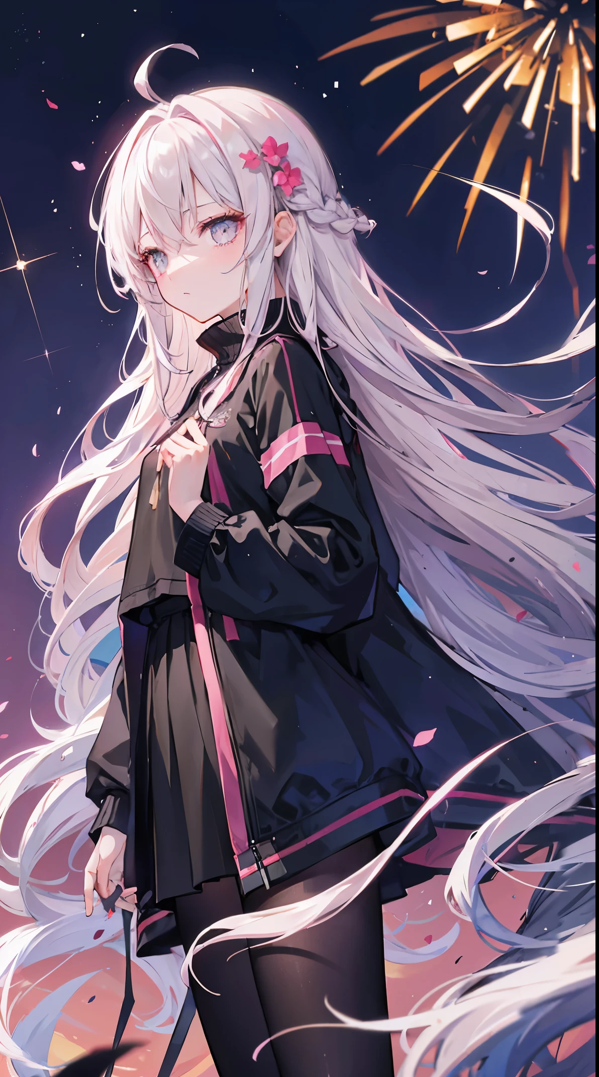 Light pink and uneven long hair,The hair curtain is very long,The hair curtain covers one eye,hair slightly upward,Has gray eyes,sparkle in eyes,Girl of medium build,There is a flower on the head,sunset over empty countryside,Holding a lit fireworks stick in his hand,He was wearing a black tracksuit,black cape skirt,I look lonely and lonely,The atmosphere is desolate,cold shades,He bowed his head,Black silk pantyhose