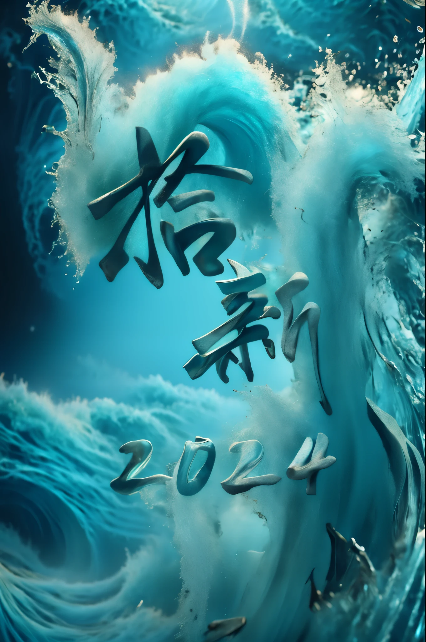 Wave text on the blue sea,Spray elegant(Complicated details),hdr,(Complicated details,hyperdetailed:1.2),Cinema lenses,Vignette,at centre