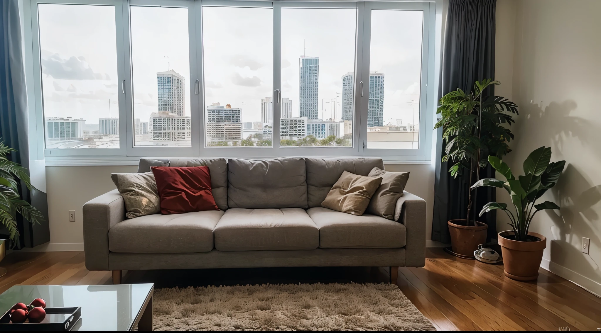 a nice view to Miami downtown, the Apartment is decorated with Christmas decorations, lighting is cozy and it has a nice Christmas tree. picture is taken with iPhone 15 camera, the picture has a warm feeling. focusing mainly on the window. the angle is mainly looking to the outside, the picture was taken by someone sitting down from the sofa