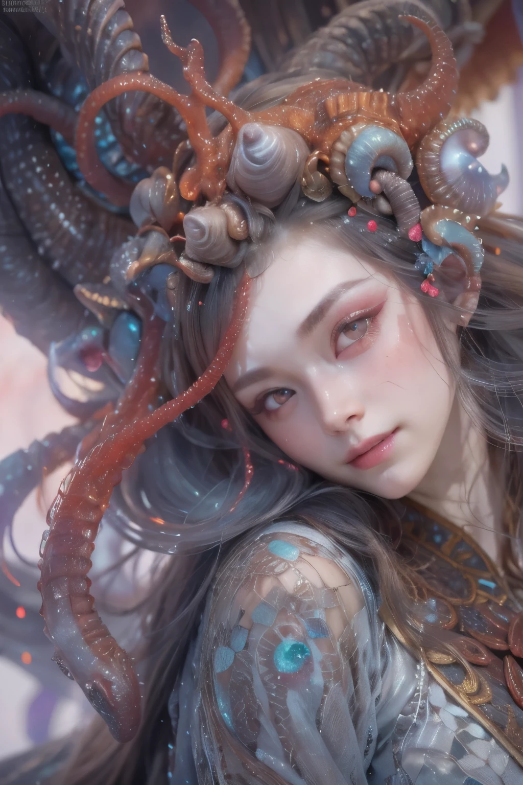 Portrait, (beautiful female alien:1.2), (There is a female genital-like organ in the middle of the forehead..:1.8), (The most beautiful face in the history of the universe:1.2), (scarlet eyes:1.6), (Translucent skin:1.8), an evil gaze that seduces , (red eyes:1.5), Full body like, (sexypose:1.5), alien, No humans, cells are fused, (Lots of translucent tentacles:1.1) (Translucent skin:1.3), extraterrestrial, cell, bio image, 魅惑的, Best Quality, 8K,4K_quality, High Definition, Dramatic Lighting, masutepiece:1.5,cinematic quality, detail up, (Intricate details:1.2), High resolution, High Definition, drawing faithfully, (Thick eyebrows:1.2), Beautiful eyes with fine symmetry, (Ultra detailed eyes:1.2),(Highly detailed face and eyes:1.2), (High-resolution red-eye:1.4), Intimate face, (Super detailed skin quality feeling:1.4), Perfect Anatomy, (Beautiful toned body:1.5), (Moist skin:1.2), No makeup, (dark circles:1.1), long canines, cinematic drawing of characters, ultra high quality model, cinematic quality, detail up, (Intricate details:1.2), High resolution, High Definition, drawing faithfully, Official art, Unity 8K wall , 8K Portrait, Best Quality, Very High resolution, ultra detailed artistic photography, midnight aura, unreal enginee 5, Ultra Sharp Focus, art by alberto seveso, ArtGerm, Roisch, intricate artwork, Medusa, best quality, masutepiece, ultra High resolution, (photos realistic:1.4), Ultra-realistic realism, dream-like, nautilus, Creation of fantasy, Snail, Dream Snail, biopunk nautilus, Thrilling color schemes, Ultra-realistic realism, seductively smiling, Blue tentacles