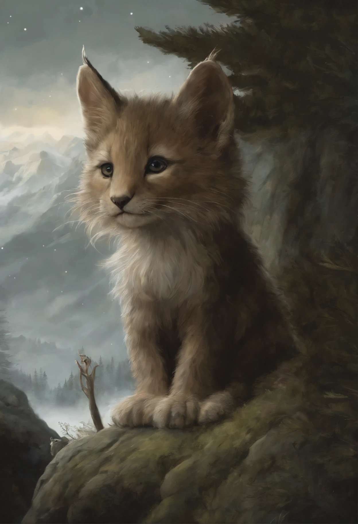 真实感, a painting, Fantastic tale, Christmas style, John Tolkien style, Small painting by Jean-Baptiste Monge, Dark history, the anime, Cloud, soft cloud, wild lynx,Jean-Baptiste Monge, anthropomorphic --ar 2:3 --testp -optimistic; Straight hair