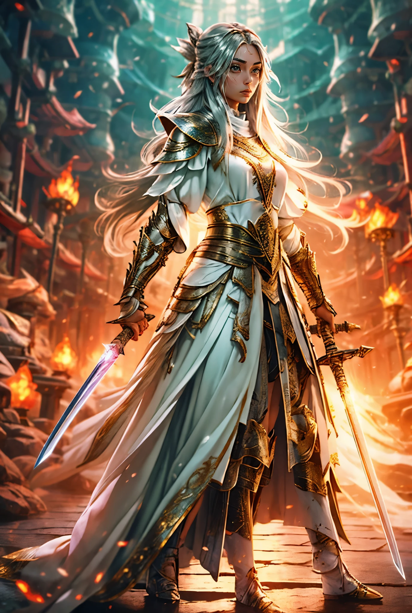 Fine Sword，gloves, cape, standing, long hair, silvery hair, hair ribbon, full body, 1girl, weapons, forest, masterpiece, best quality，Cloth armor，White skin