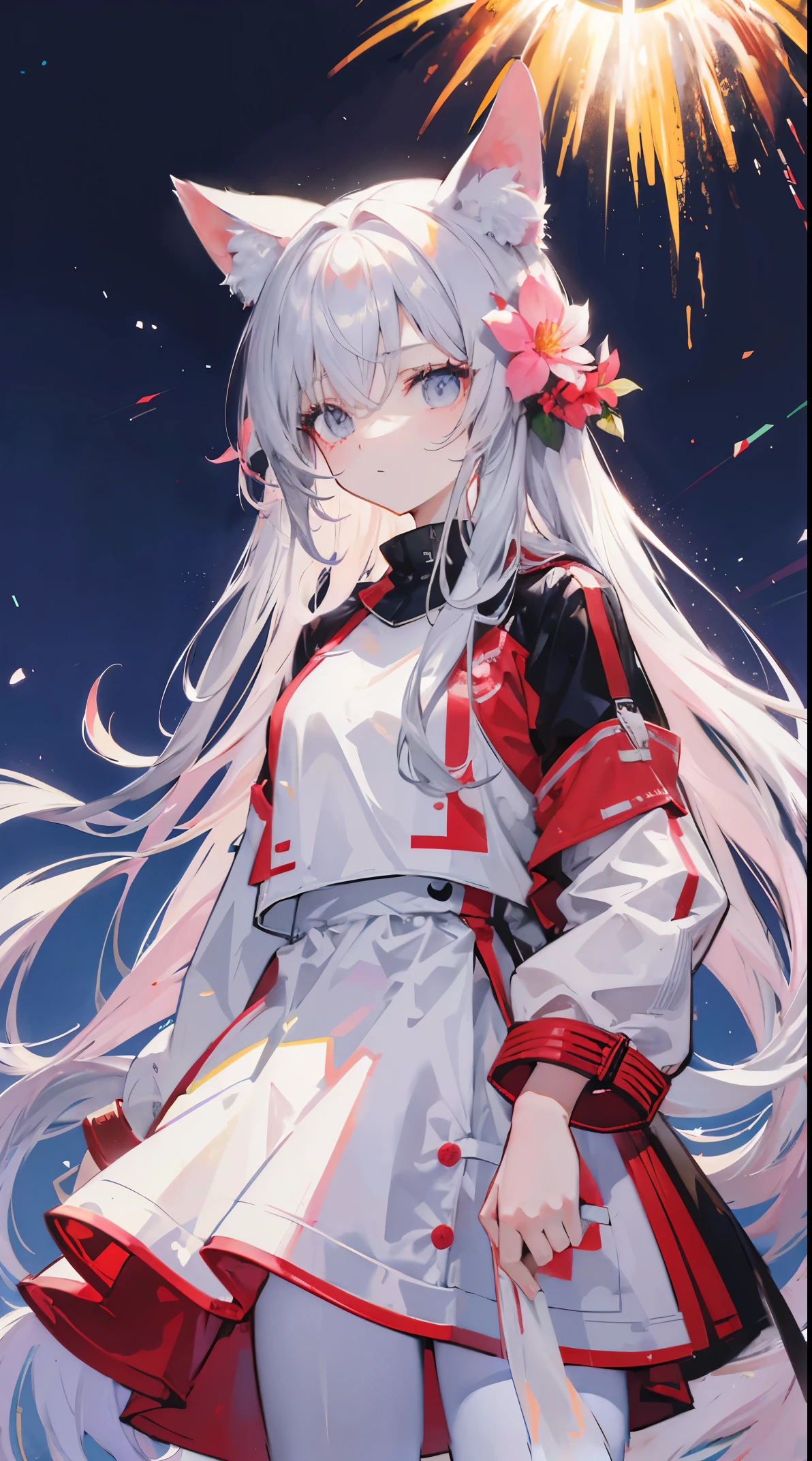 Light pink and uneven long hair,The hair curtain is very long,The hair curtain covers one eye,hair slightly upward,Has gray eyes,Eyes sparkle,Girl of medium build,There is a flower on the head,sunset over empty countryside,Holding a lit fireworks stick in his hand,He is wearing a white tracksuit,white cape skirt,I look lonely and lonely,The atmosphere is desolate,cold shades,He bowed his head,White silk pantyhose