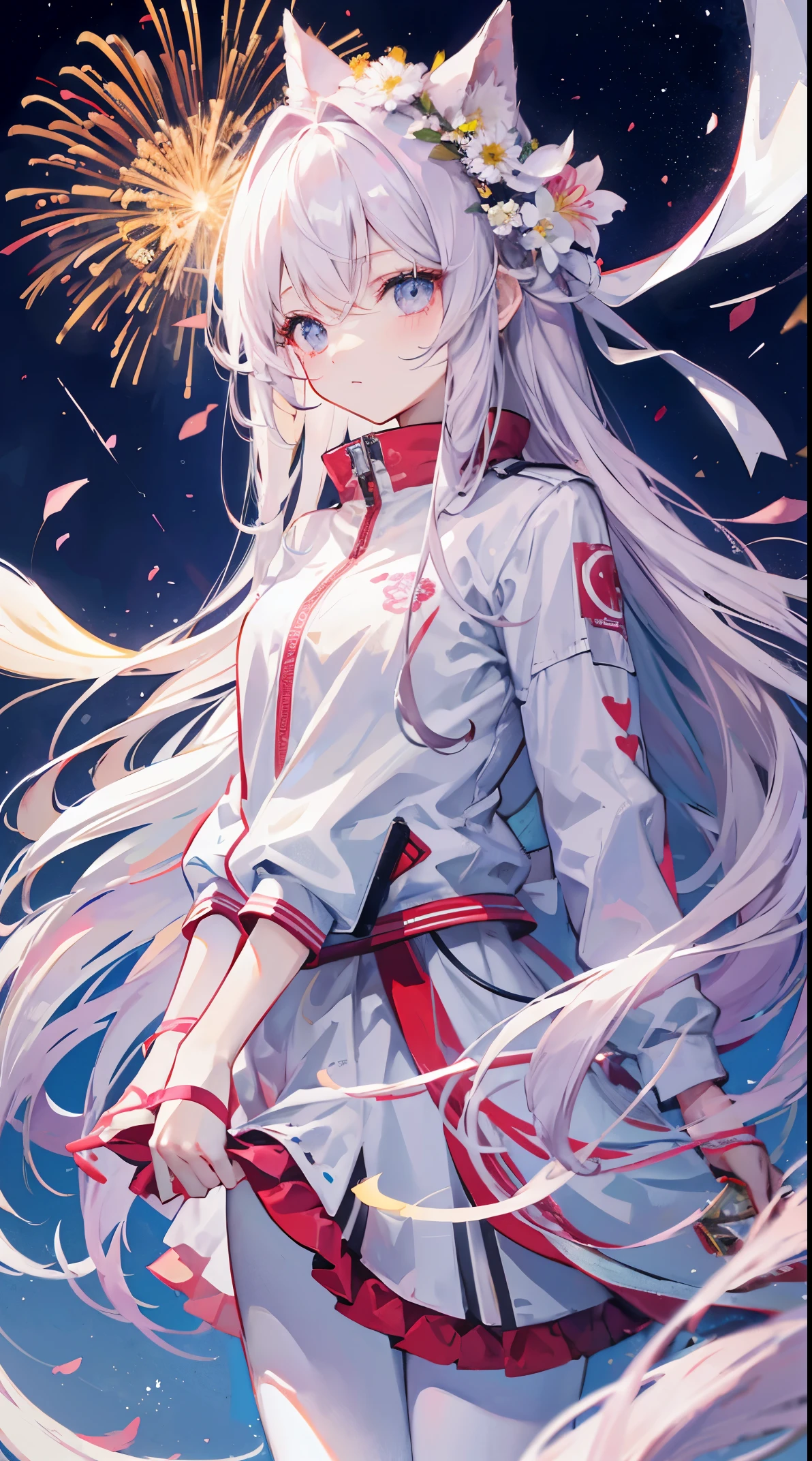 Light pink and uneven long hair,The hair curtain is very long,The hair curtain covers one eye,hair slightly upward,Has gray eyes,Eyes sparkle,Girl of medium build,There is a flower on the head,sunset over empty countryside,Holding a lit fireworks stick in his hand,He is wearing a white tracksuit,white cape skirt,I look lonely and lonely,The atmosphere is desolate,cold shades,He bowed his head,White silk pantyhose