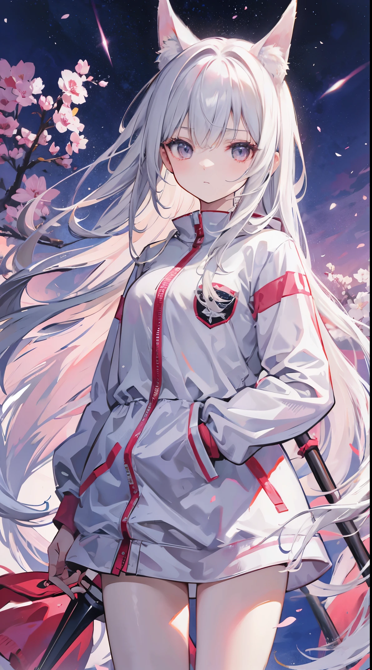Light pink and uneven long hair,The hair curtain is very long,The hair curtain covers one eye,hair slightly upward,Has gray eyes,Eyes sparkle,Girl of medium build,There is a flower on the head,sunset over empty countryside,Holding a lit fireworks stick in his hand,He is wearing a white tracksuit,white cape skirt,I look lonely and lonely,The atmosphere is desolate,cold shades,He bowed his head,White silk pantyhose