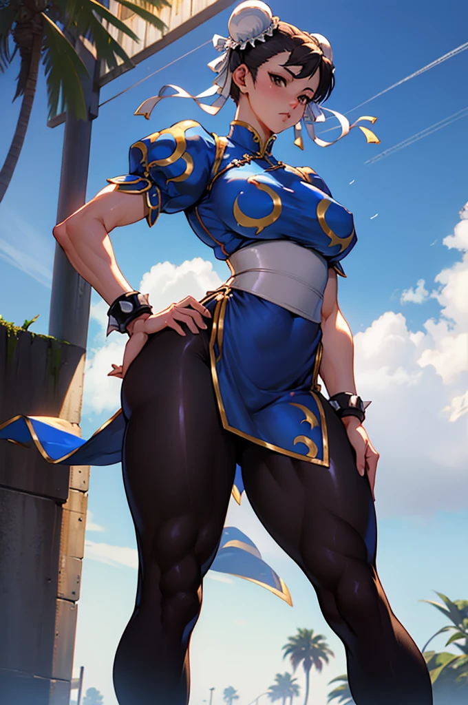 1girl, Noelle Silva from Black Clover wearing Chun li outfit, breasts, bottom, solo, navel, panties, big breasts, gloves, eyes, looking at viewer, looking down, moon, smile, heart, thighs, covered nipples , thick thighs, panties, makeup, long hair, night,