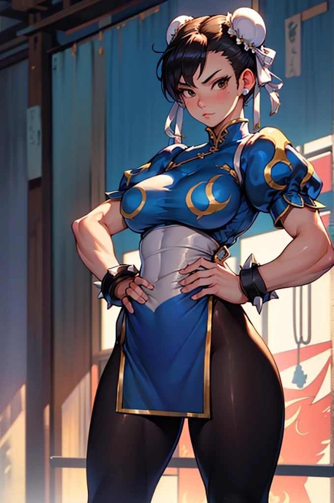 Chun-Li,linda jovem com uniforme azul classico, coxas grossas, belas coxas sexy,um pouco muscolosa, cabelo preso, black tights, floresta,noite ceu estrelado, Standing alone.solo,