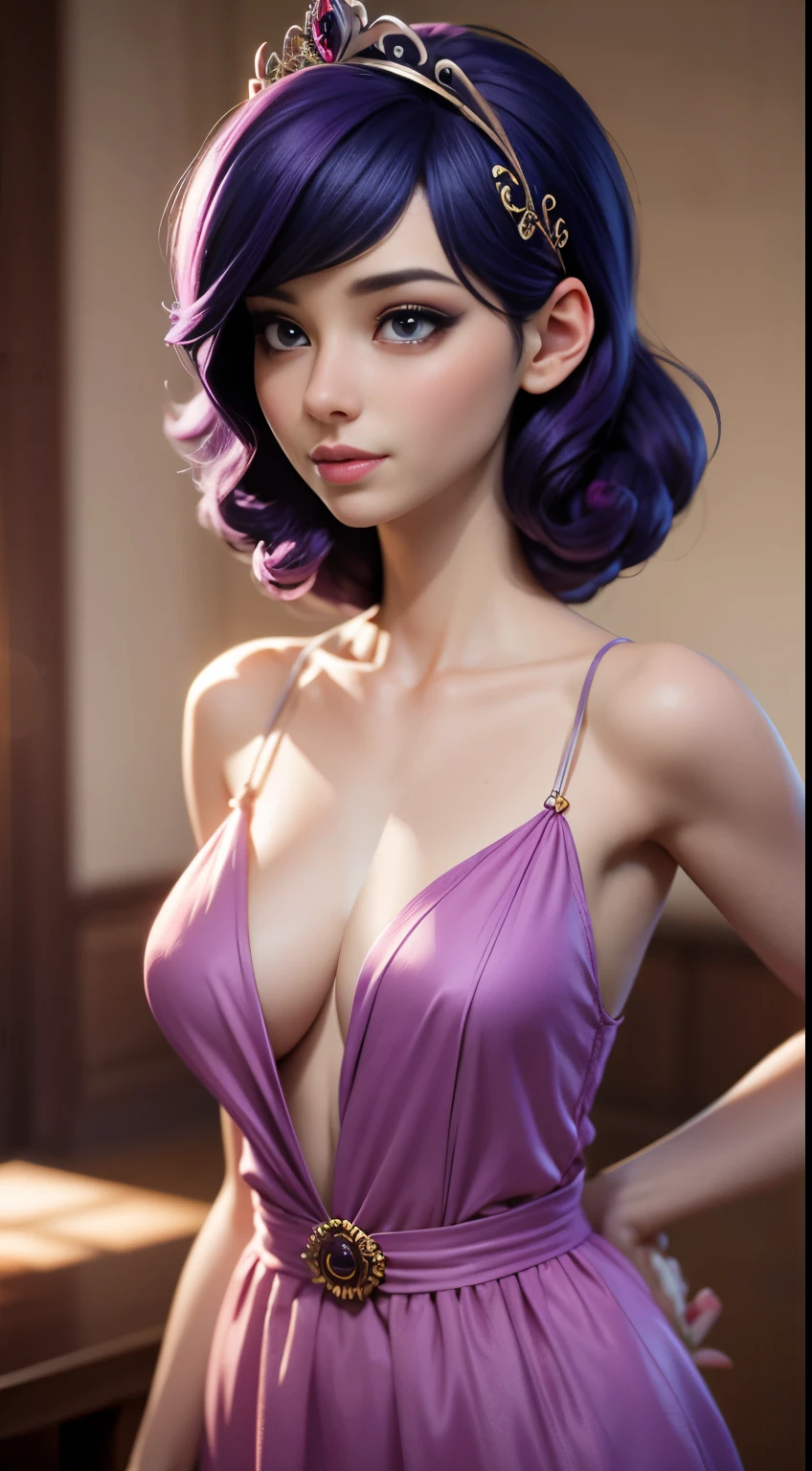 photo of mlp Twilight Sparkle, RAW, beautiful woman, ((portrait)), ((detailed face:1.2)), ((detailed facial feature, detailed skin, glossy skin, clear skin), (perfect proportioned body, narrow waist, skinny, medium breasts), dark purple hair, tiara, (wearing a beautiful dress), (beautiful living room, afternoon), (realistic photo, best quality, detailed), (8k wallpaper), (cinematic lighting, beautiful light, (day:1.3)) (sharp focus, intricate)