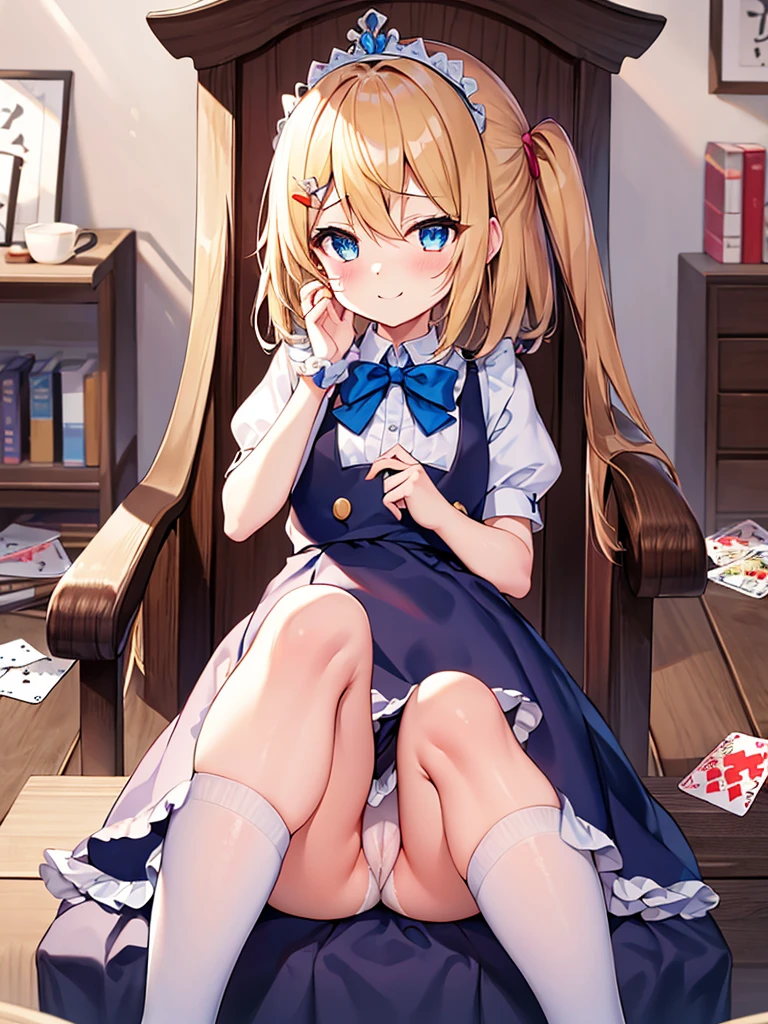 (((Not wearing panties))),(((オマンコ))),1girl in, 独奏, length hair, blue eyess, blonde hair, diadems, sitting on, panthyhose, doress, the bow, The card, pinafore, shairband, PlayingCards, looking at the viewers, shortsleeves, 髪のthe bow, 青いshairband, A smile, red blush, hand on own face, 青いdoress, Alice(不思議の国のAlice), hair between eye, a chair, 白いpanthyhose, 青いthe bow, a throne, Puffy sleeves, Put your hand on your cheek, bangss, ふくらんでいるshortsleeves, bow ribbon、非常にlength hair、mini crown、foot out of frame、frilld、白いpinafore、:q、masterpiece、top-quality、((Lifted skirt、Beautiful、camel's toe)))、NSFW,s ass,anal,Pussy,Showing、