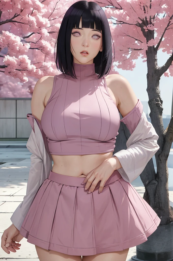 masterpiece, absurdres, hinata\(boruto\), 1girl, solo,mature female, crop top , high waist mini skirt, looking at viewelling petals), perfect composition, detailed lips, big breast, beautiful face, body propotion, blush, (pink lips), long hair,  purple eyes,  soft gaze,  super realistic, detailed, photoshoot, realistic face and body,