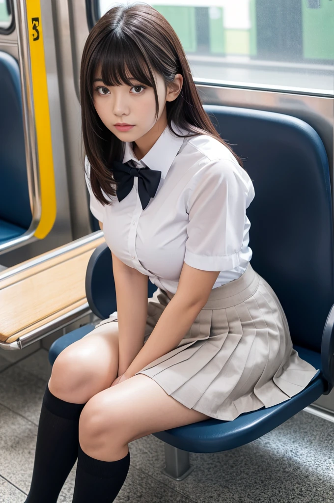 High-resolution images, Atmospheric perspective, 8k, Very detailed, Accurate, Highest quality, 
, alone, chest, Looking at the audience, (Looking at the audience,:1.5),  
Brown Hair,  Brown eyes, parted lips, smile、underwear, panties, (Japanese学校), 
 (Navy blue mini skirt), (sit in a train seat:1.5), （Spread your legs to the side:1.4)、underwear, panties, parted lips, 
 lips, (Navy Blue Skirt), Full Body Shot,  (((Spread your legs, Arms crossed))), Showing sexy 、(whiteの panties:1.5), Realistic ,
(white, Collared shirt, Ribbon tie),
(Do not expose your upper body:1.5),((Ceiling From below:1.2))、((From below:1.38))、
(Turn your body towards the viewer:1.5) , (From below, look up:1.5), (( Japanese, Short Bob))