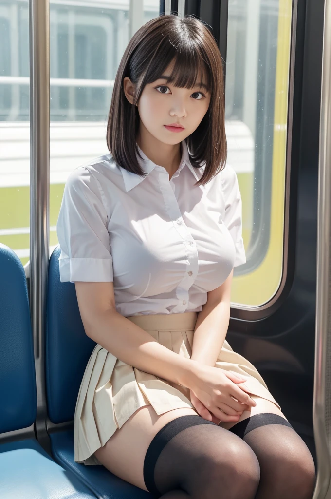 1 woman, thighs, sitting on train, school uniform, realistic, raw photo, white shirt, pleated skirt, black short socks, roafer, medium hair, bangs, looking at viewer, best quality, large breast, (His arms folded),