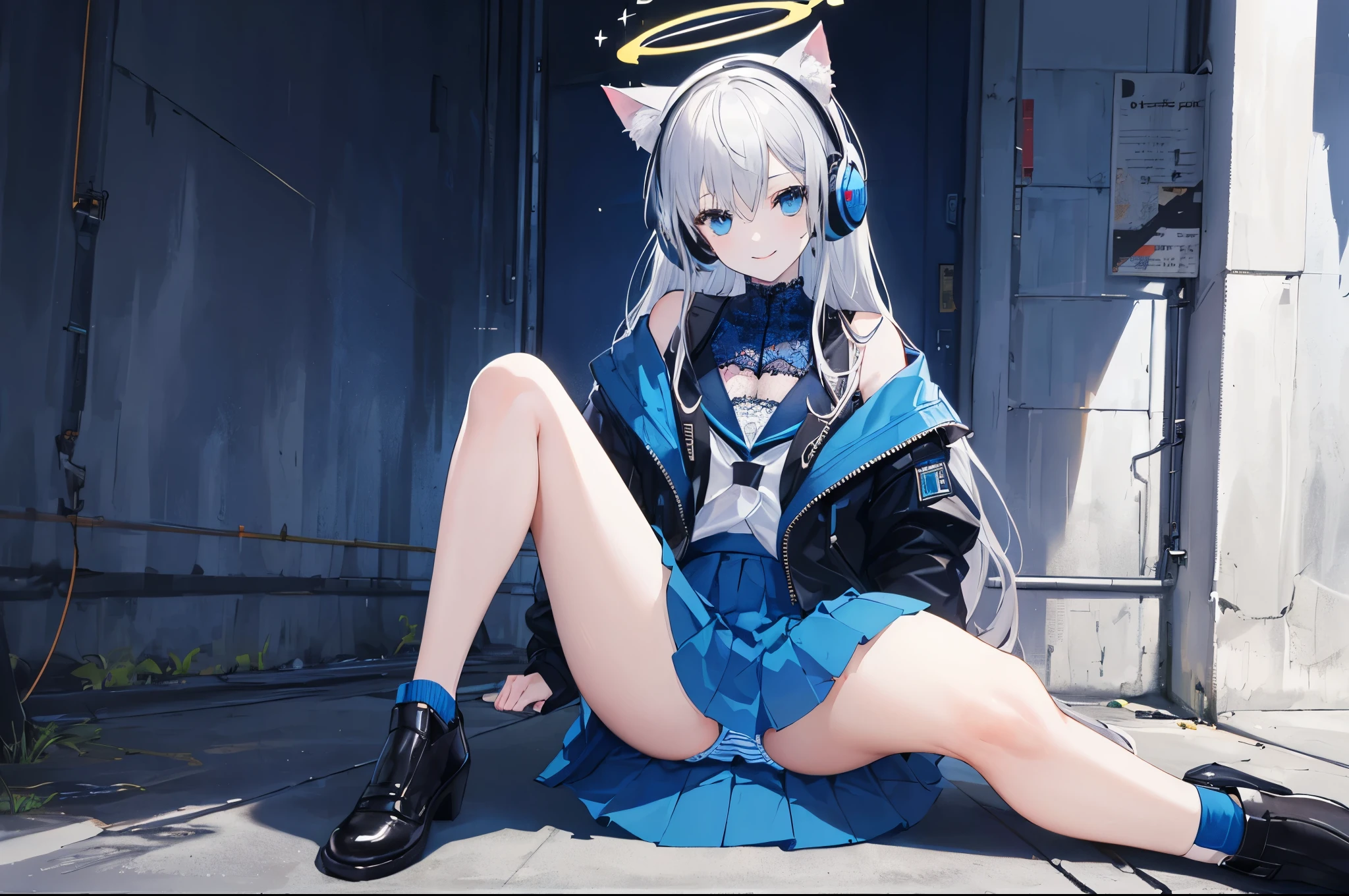 Full body like, Planar quadratic, ((Best quality at best)), ((tmasterpiece)), (Detailed pubic hair), s the perfect face, solo person, schoolgirls, Trendy style, Long silver-gray hair, Long hair shoulder length, Futuristic halo on head, (sat on the ground), Face the lens, (M open legs:1.1), futuristic clothing, Mechanical, ((Dark blue skirt with bright blue lace)), ((Black jacket with blue stripes)), JK skirt, With cat ear headphones on the head, ssmile, The background is the city street, ()watered eyes))