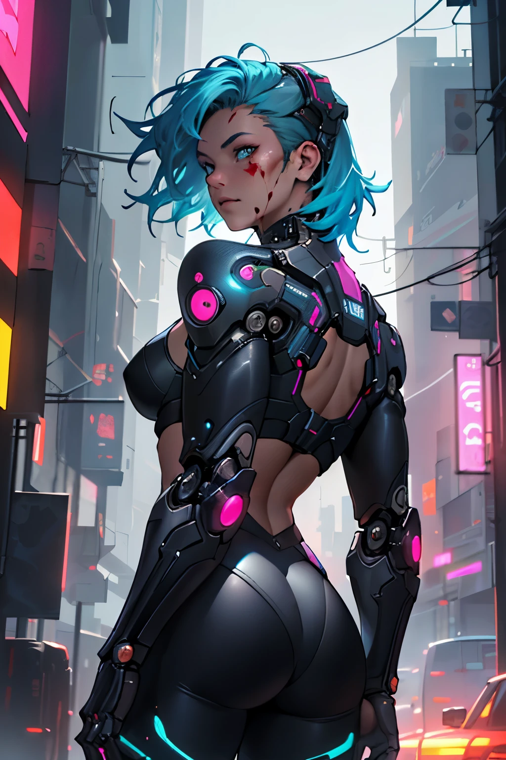 Better quality, tmasterpiece, 超高分辨率, ((Photorealsitic: 1.4), RAW photogr, blue hairs, Glowing skin, 1 mechanical girl, (Ultra-realistic details)), globalillumination, shadowing, octaneratingrendering, 8K, Super sharp, Intricate decorative details, egypician detail, very complex details, realistic light, CG trends, in front of camera, neon light detail, Mechanical limbs linked to blood vessels, The eyes are big, Heavy makeup (Stunning cyberpunk cityscape in the background) Close-up of woman looking back, anime cyberpunk art, cyberpunk anime art, anime figure;