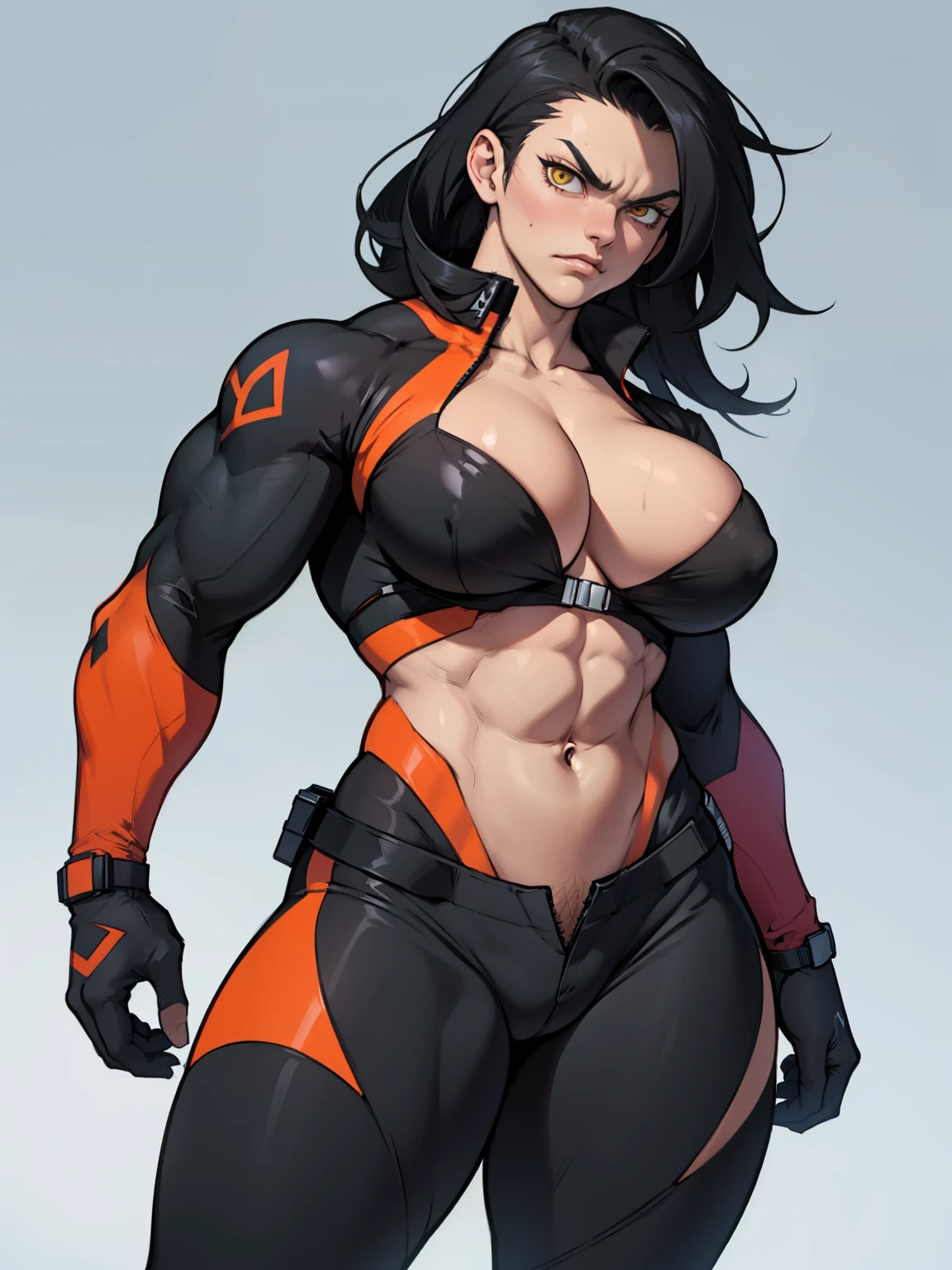 solo standing skintight ((muscular girl)) toned body massive breasts yellow eyes black hair pale skin thick angry perfect anatomy angry perfect anatomy