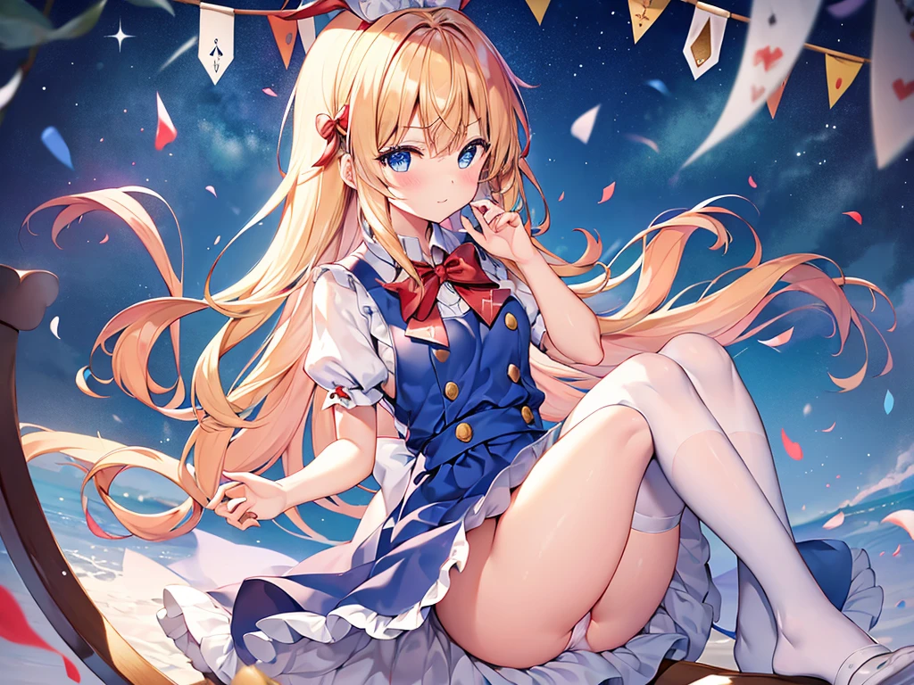 (((オマンコ))),1girl in, 独奏, length hair, blue eyess, blonde hair, diadems, sitting on, panthyhose, doress, the bow, The card, pinafore, shairband, PlayingCards, looking at the viewers, shortsleeves, 髪のthe bow, 青いshairband, A smile, red blush, hand on own face, 青いdoress, Alice(不思議の国のAlice), hair between eye, a chair, 黒いpanthyhose, 青いthe bow, a throne, Puffy sleeves, Put your hand on your cheek, bangss, ふくらんでいるshortsleeves, bow ribbon、非常にlength hair、mini crown、foot out of frame、frilld、白いpinafore、:q、masterpiece、top-quality、((Lifted skirt、White panty、camel's toe)))、NSFW,