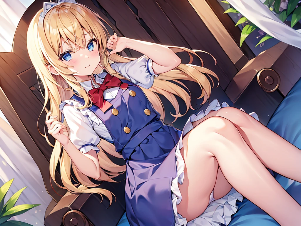 (((オマンコ))),1girl in, 独奏, length hair, blue eyess, blonde hair, diadems, sitting on, panthyhose, doress, the bow, The card, pinafore, shairband, PlayingCards, looking at the viewers, shortsleeves, 髪のthe bow, 青いshairband, A smile, red blush, hand on own face, 青いdoress, Alice(不思議の国のAlice), hair between eye, a chair, 黒いpanthyhose, 青いthe bow, a throne, Puffy sleeves, Put your hand on your cheek, bangss, ふくらんでいるshortsleeves, bow ribbon、非常にlength hair、mini crown、foot out of frame、frilld、白いpinafore、:q、masterpiece、top-quality、((Lifted skirt、White panty、camel's toe)))、NSFW,