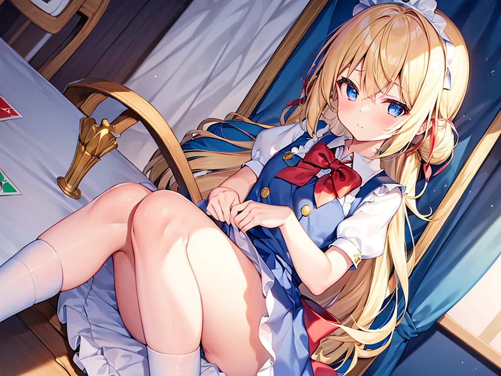 (((オマンコ))),1girl in, 独奏, length hair, blue eyess, blonde hair, diadems, sitting on, panthyhose, doress, the bow, The card, pinafore, shairband, PlayingCards, looking at the viewers, shortsleeves, 髪のthe bow, 青いshairband, A smile, red blush, hand on own face, 青いdoress, Alice(不思議の国のAlice), hair between eye, a chair, 黒いpanthyhose, 青いthe bow, a throne, Puffy sleeves, Put your hand on your cheek, bangss, ふくらんでいるshortsleeves, bow ribbon、非常にlength hair、mini crown、foot out of frame、frilld、白いpinafore、:q、masterpiece、top-quality、((Lifted skirt、White panty、camel's toe)))、NSFW,