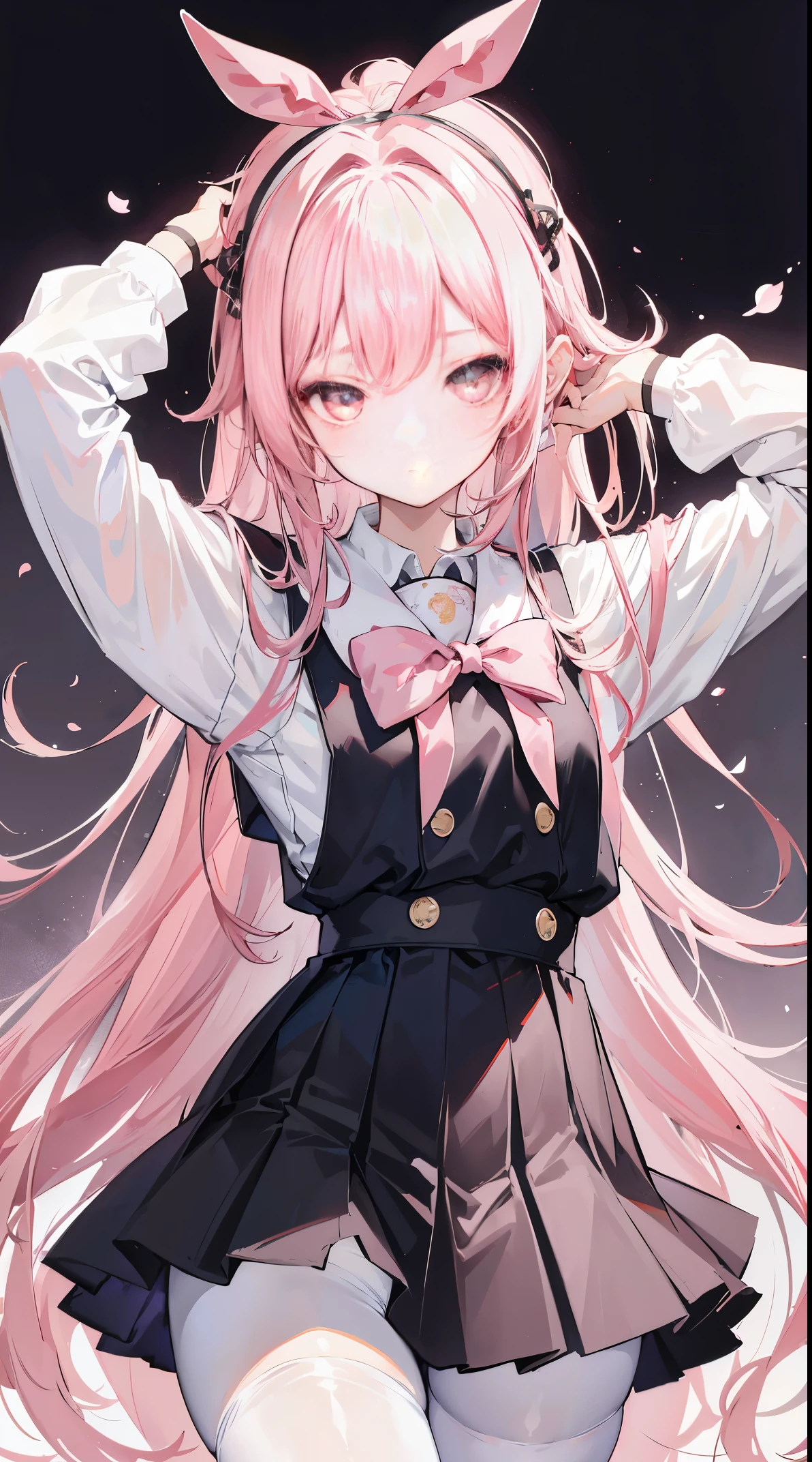 Two-dimensional anime wallpaper,Long pale pink hair,,Cherry blossom hair accessories,girl,White short-sleeved lace-up school uniform,light gray mini skirt,Bandages wrapped around his head,Medium build,The hair is a little messy,With a dull expression,Black silk pantyhose