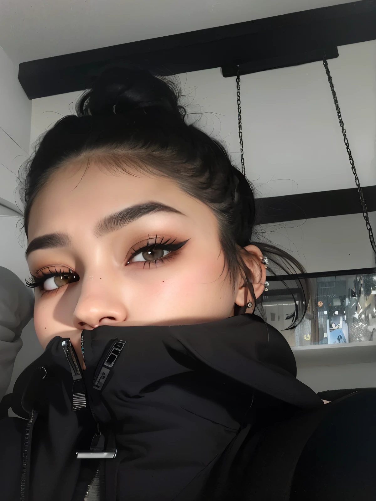 there is a woman that is wearing a black jacket and a black jacket, icy eyes, dark brown eyes, cold grey eyes, piercing brown eyes, without makeup, dark eyebrows, baggy eyes, piercing grey eyes, gazing dark brown eyes, grey eyes, brown eyes and white skin, accurate brown eyes, she has tired eyes, sasha grey, grey contacts
