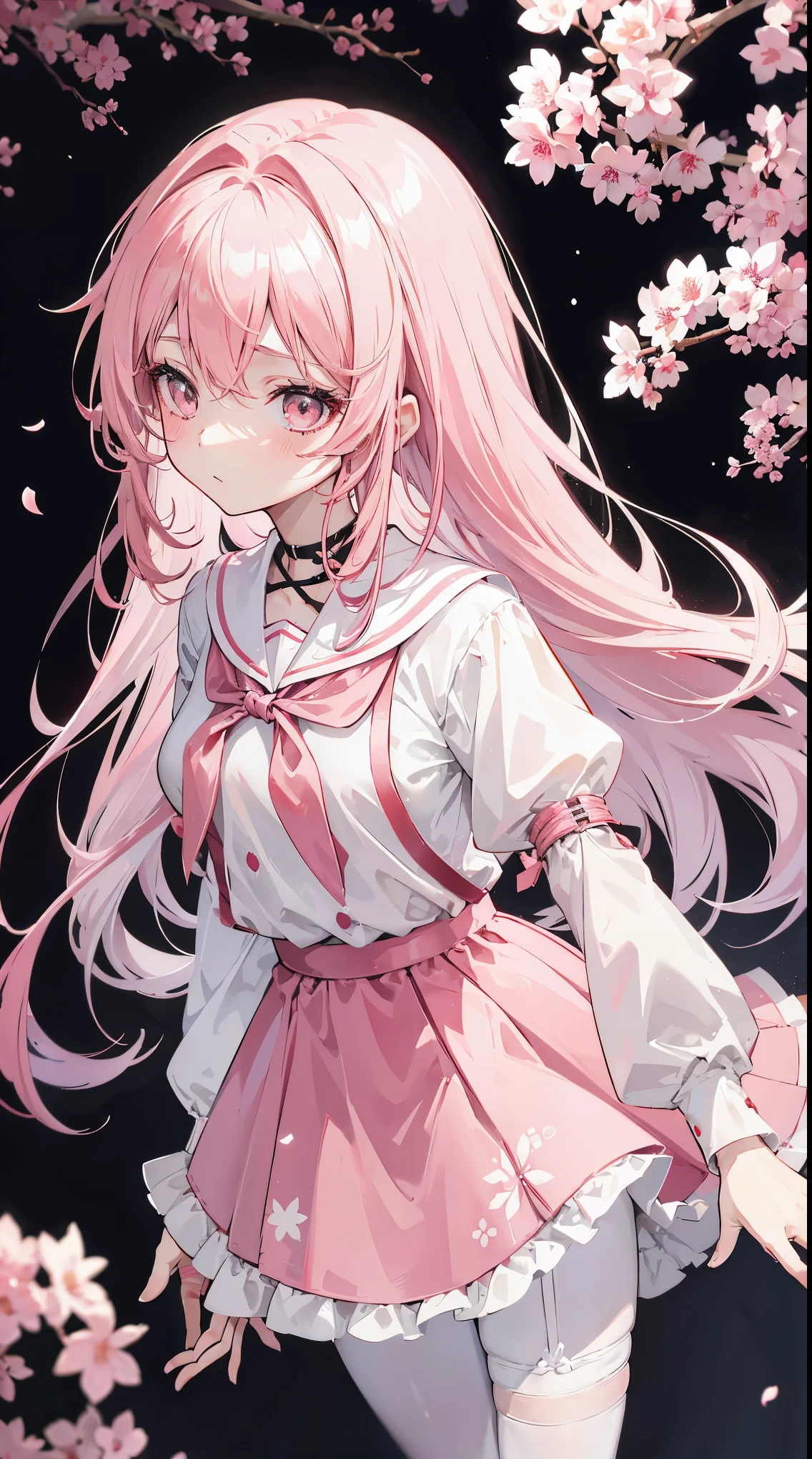 Two-dimensional anime wallpaper,Long pale pink hair,,Cherry blossom hair accessories,girl,White short-sleeved lace-up school uniform,light gray mini skirt,Bandages wrapped around his head,Medium build,The hair is a little messy,With a dull expression,Black silk pantyhose