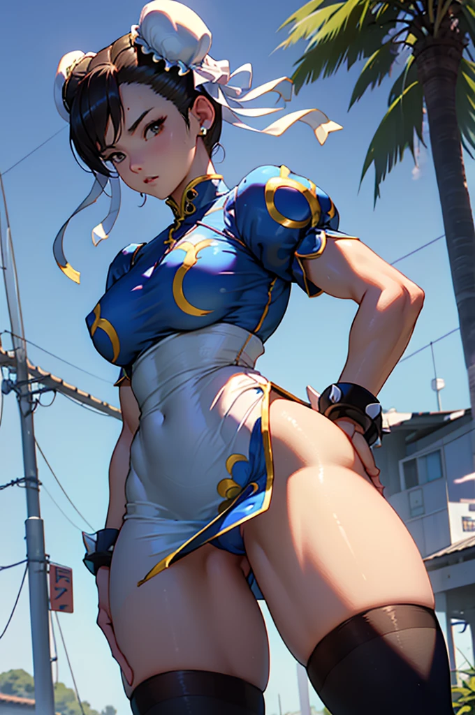 Chun-Li,linda jovem com uniforme azul classico, coxas grossas, belas coxas sexy,um pouco muscolosa, cabelo preso, black tights, floresta,noite ceu estrelado, Standing alone.solo,