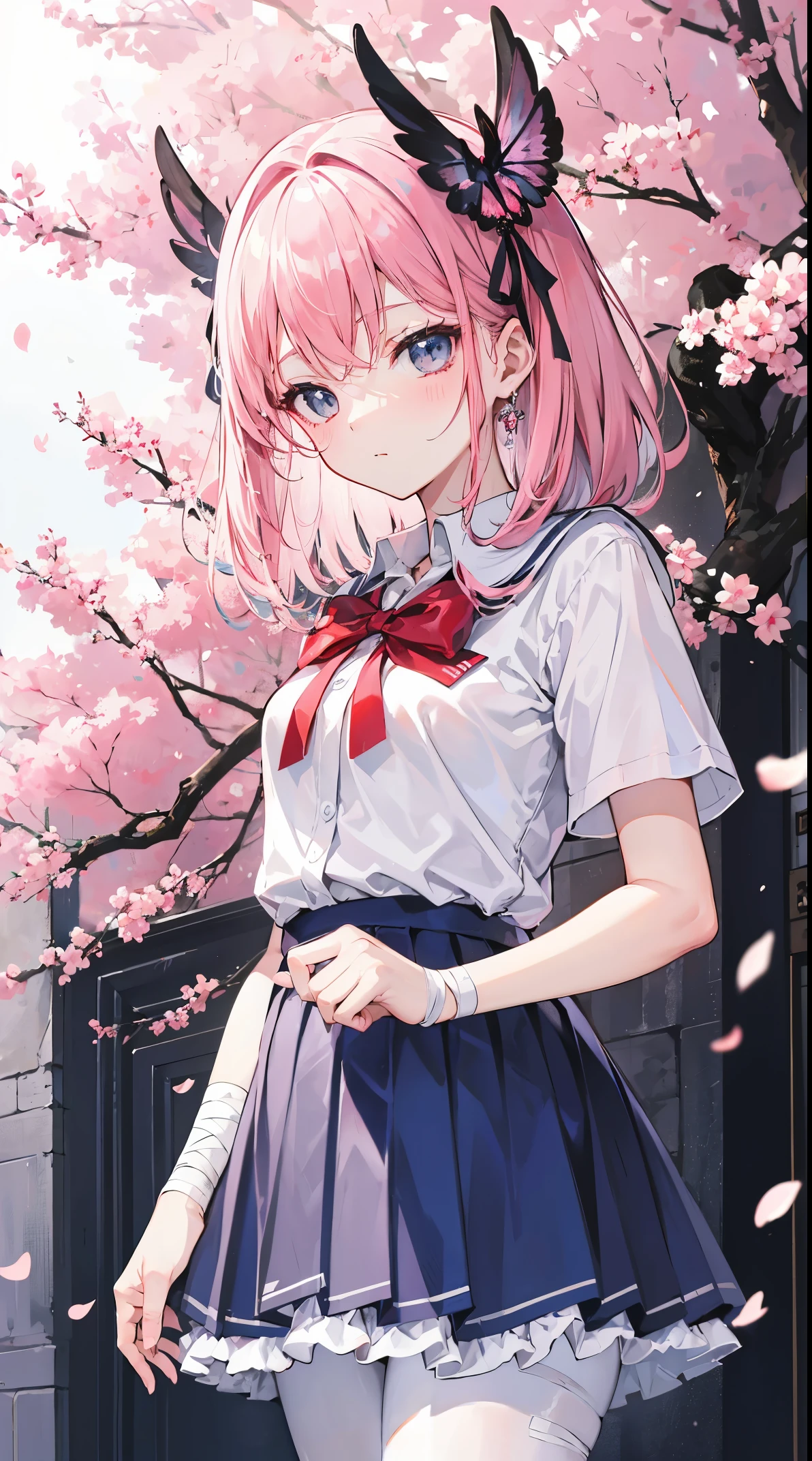 Two-dimensional anime wallpaper,Long pale pink hair,,Cherry blossom hair accessories,girl,White short-sleeved lace-up school uniform,light gray mini skirt,Bandages wrapped around his head,Medium build,The hair is a bit messy,With a dull expression,White silk pantyhose
