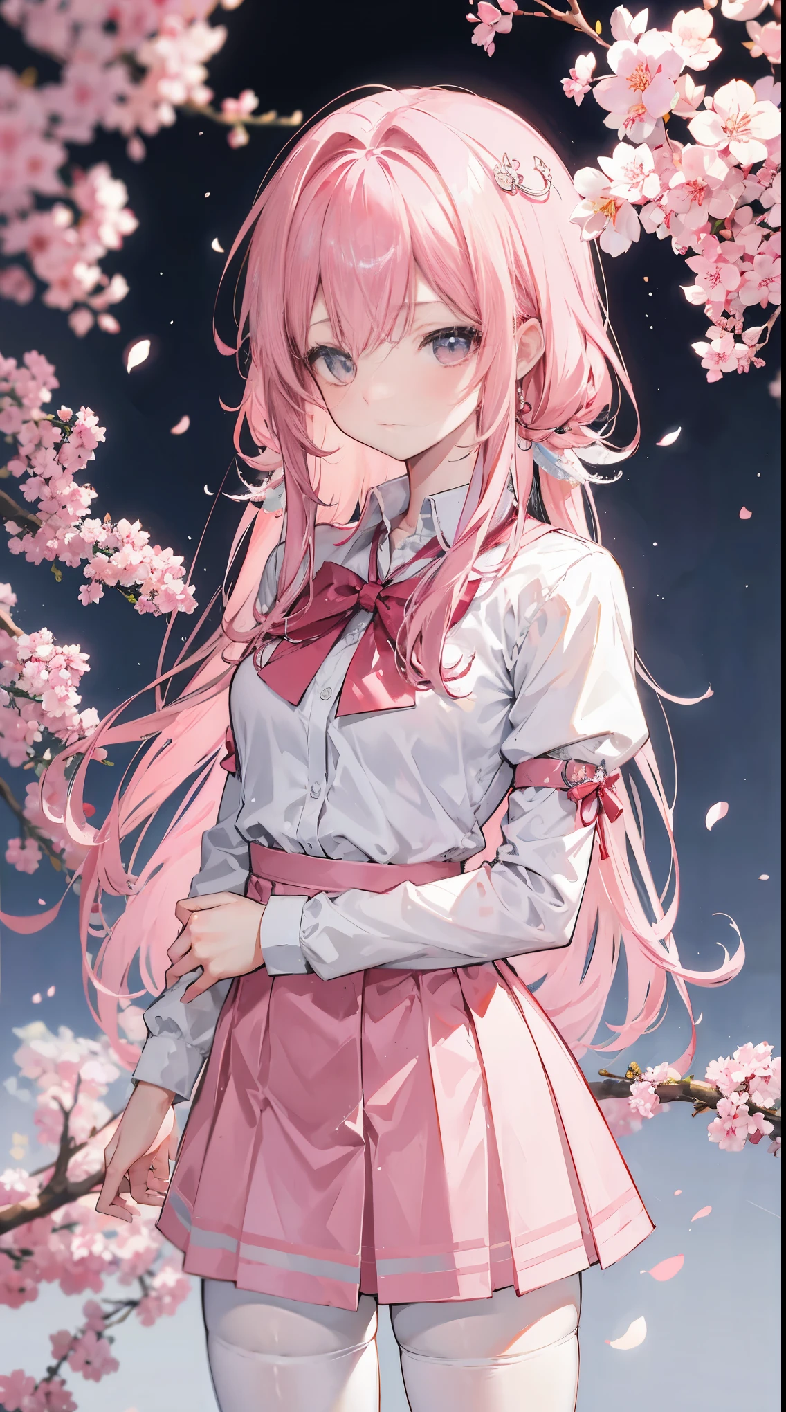 Two-dimensional anime wallpaper,Long pale pink hair,,Cherry blossom hair accessories,girl,White short-sleeved lace-up school uniform,light gray mini skirt,Bandages wrapped around his head,Medium build,The hair is a bit messy,With a dull expression,White silk pantyhose