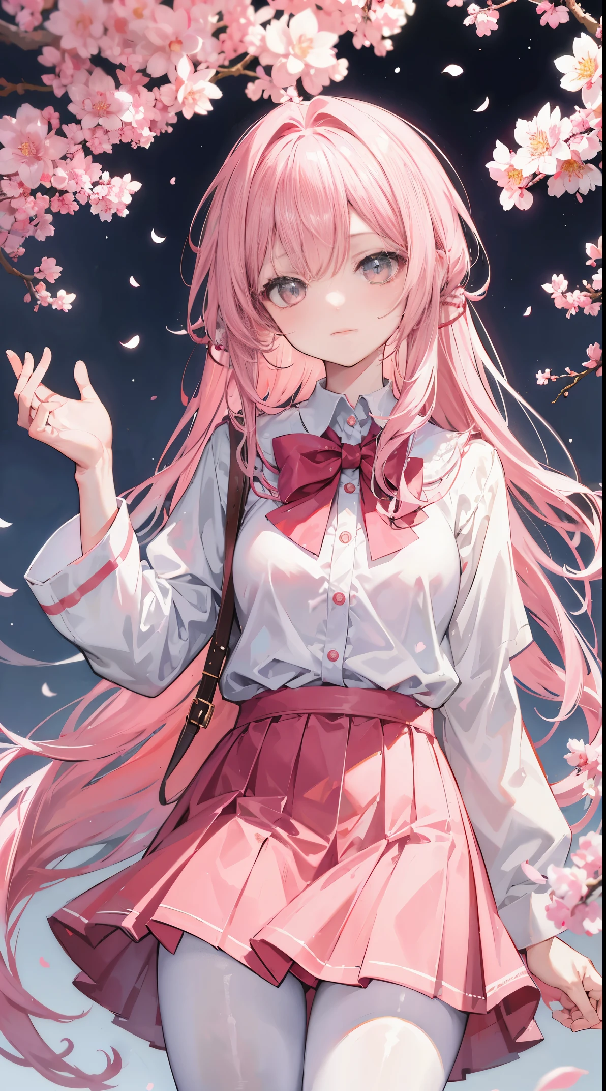 Two-dimensional anime wallpaper,Long pale pink hair,,Cherry blossom hair accessories,girl,White short-sleeved lace-up school uniform,light gray mini skirt,Bandages wrapped around his head,Medium build,The hair is a bit messy,With a dull expression,White silk pantyhose