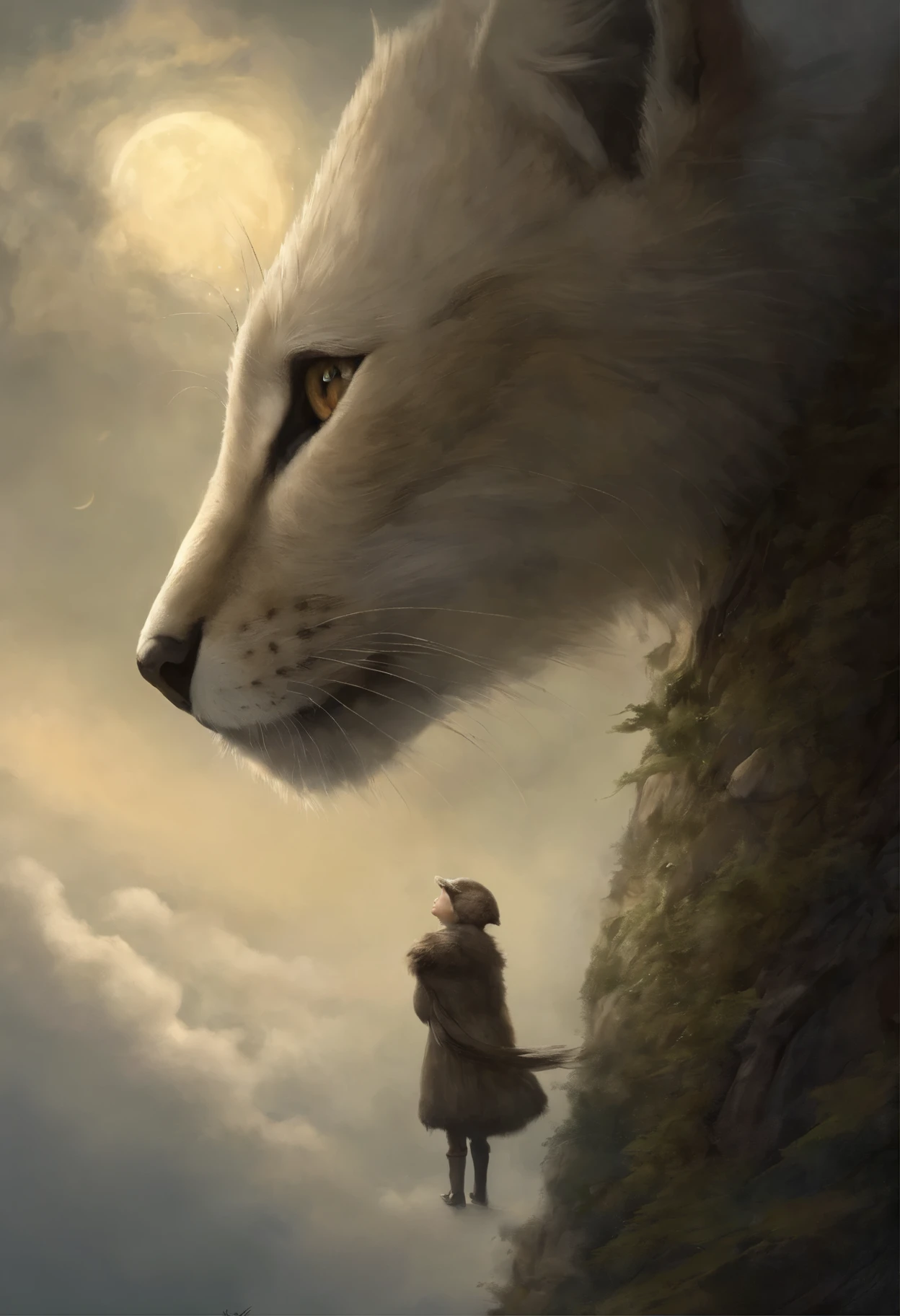 真实感, a painting, Fantastic tale, Christmas style, John Tolkien style, Small painting by Jean-Baptiste Monge,   Dark history, the anime, Cloud, soft cloud, wild lynx,Jean-Baptiste Monge, anthropomorphic --ar 2:3 --testp -optimistic;  Straight hair