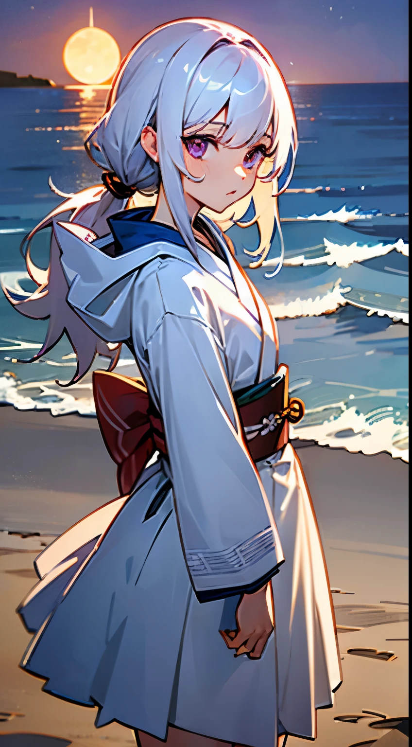 sandbeach,beachside,the sunset,white color hair,Purple eye,White coat,obi strip,White pleated skirt,8K分辨率