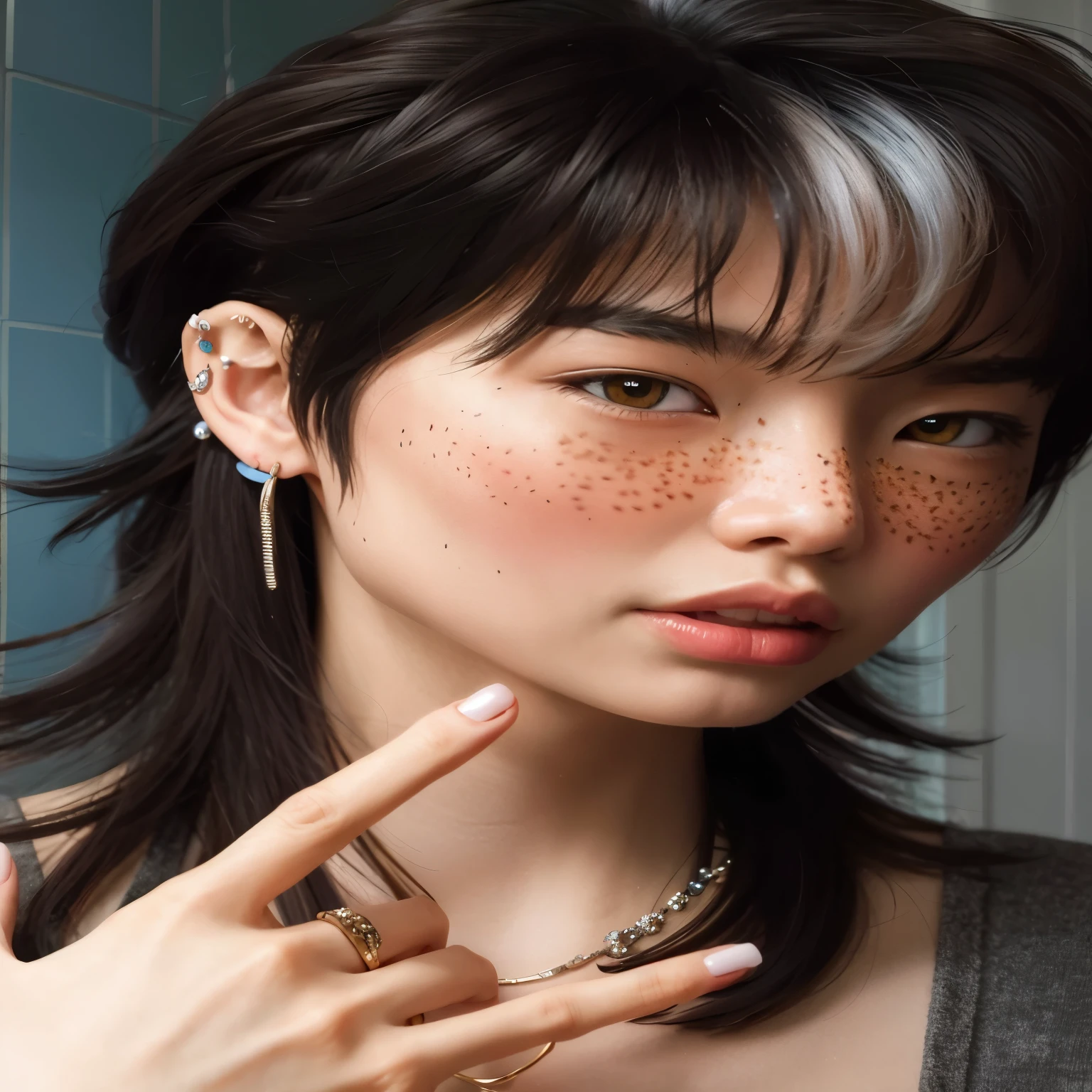 a close up of a woman with Sardas on her face and a ring on her finger, olhos brilhantes penetrantes, soft Sardas, realística. Cheng Yi, small Sardas, elegant Sardas, white Sardas, light cute Sardas, light Sardas, spotted ultra realística, accurate ultra realística faces, with Sardas, hyper realística anime, cute Sardas, inspirado em Yanjun Cheng, Sardas