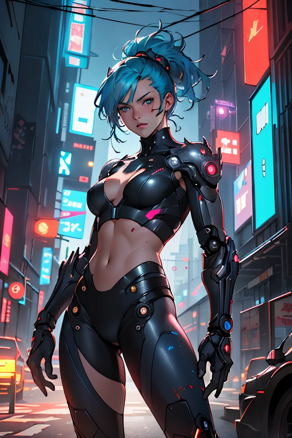 Better quality, tmasterpiece, 超高分辨率, ((Photorealsitic: 1.4), RAW photogr, blue hairs, Glowing skin, 1 mechanical girl, (Ultra-realistic details)), globalillumination, shadowing, octaneratingrendering, 8K, Super sharp, Intricate decorative details, egypician detail, very complex details, realistic light, CG trends, in front of camera, neon light detail, Mechanical limb, The eyes have God, Red lips and heavy makeup (Stunning cyberpunk cityscape in the background) Woman fire closeup, anime cyberpunk art, cyberpunk anime art, anime figure;