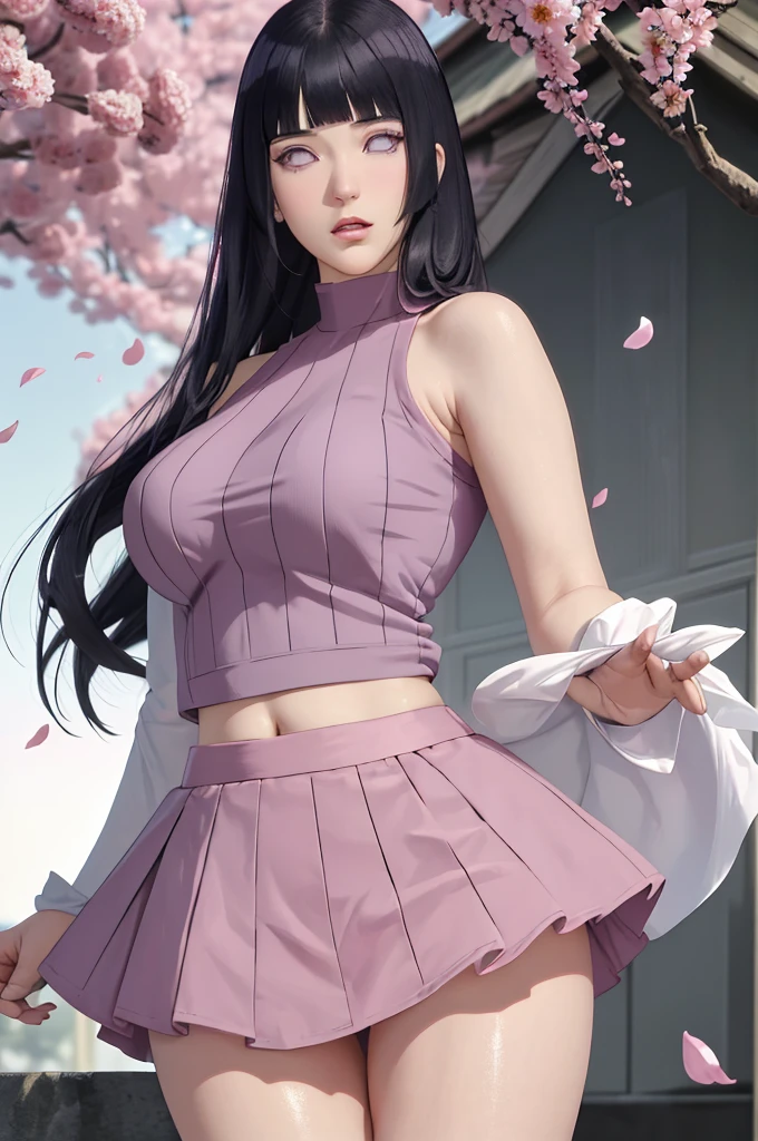 masterpiece, absurdres, hinata\(boruto\), 1girl, solo,mature female, crop top , high waist mini skirt, looking at viewelling petals), perfect composition, detailed lips, big breast, beautiful face, body propotion, blush, (pink lips), long hair,  purple eyes,  soft gaze,  super realistic, detailed, photoshoot, realistic face and body,