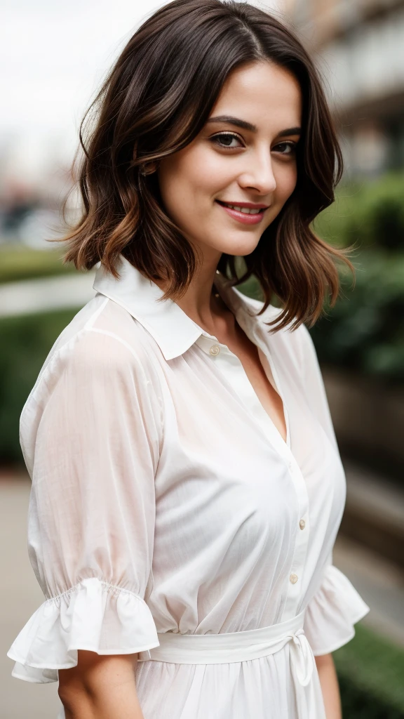 Shirtwaist Dress, A cinematic and realistic portrait of a Most sexy and adorable woman in her 30s, with her hair perfectly styled, smiling confidently at the camera, white skin, Lob (long bob) brown hair