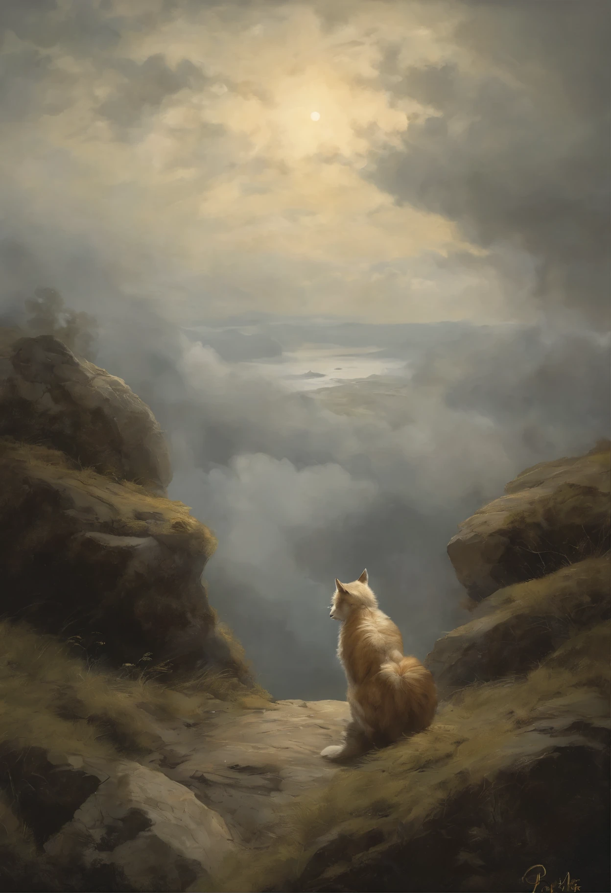 真实感, a painting, Fantastic tale,  John Tolkien style, Small painting by Jean-Baptiste Monge,   Dark story, the anime, cloud lynx, Cloud, soft cloud, wild lynx,Jean-Baptiste Monge, anthropomorphic --ar 2:3 --testp -optimistic;  straight hair