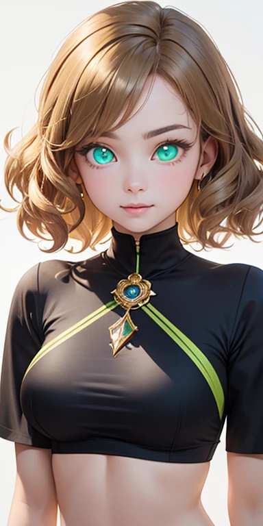 , very short gold hair,curly hair,wavy hair, (photorealistic:1.4), (masterpiece, sidelights, exquisite beautiful eyes: 1.5), masterpieceportrait, realistic, 3D face,,kawaii face,front view: 1.5、 (glowing green eyes:1.2),plump face:1.5,(tareme:1.5)、(dark persona:1.2),Rosy Mouth,Slim Body,abs, shiny hair, shiny skin: 1.5、large breasts:1.3,solo,(sit)、(cutout between underboob and crop top)、(charactor focus:1.5、portrait)、upper body,