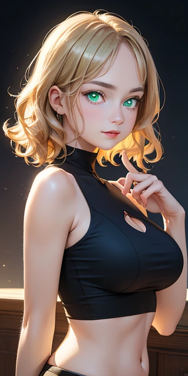 baby face, very short gold hair,curly hair,wavy hair, (photorealistic:1.4), (masterpiece, sidelights, exquisite beautiful eyes: 1.5), masterpiece*portrait, realistic, 3D face,,kawaii face,front view: 1.5、 (glowing green eyes:1.2),plump face:1.5,(tareme:1.5)、(dark persona:1.2),Rosy Mouth,Slim Body,abs, shiny hair, shiny skin: 1.5、large breasts:1.3,solo,(sit)、(cutout between underboob and crop top)、(charactor focus:1.5、portrait)、upper body,