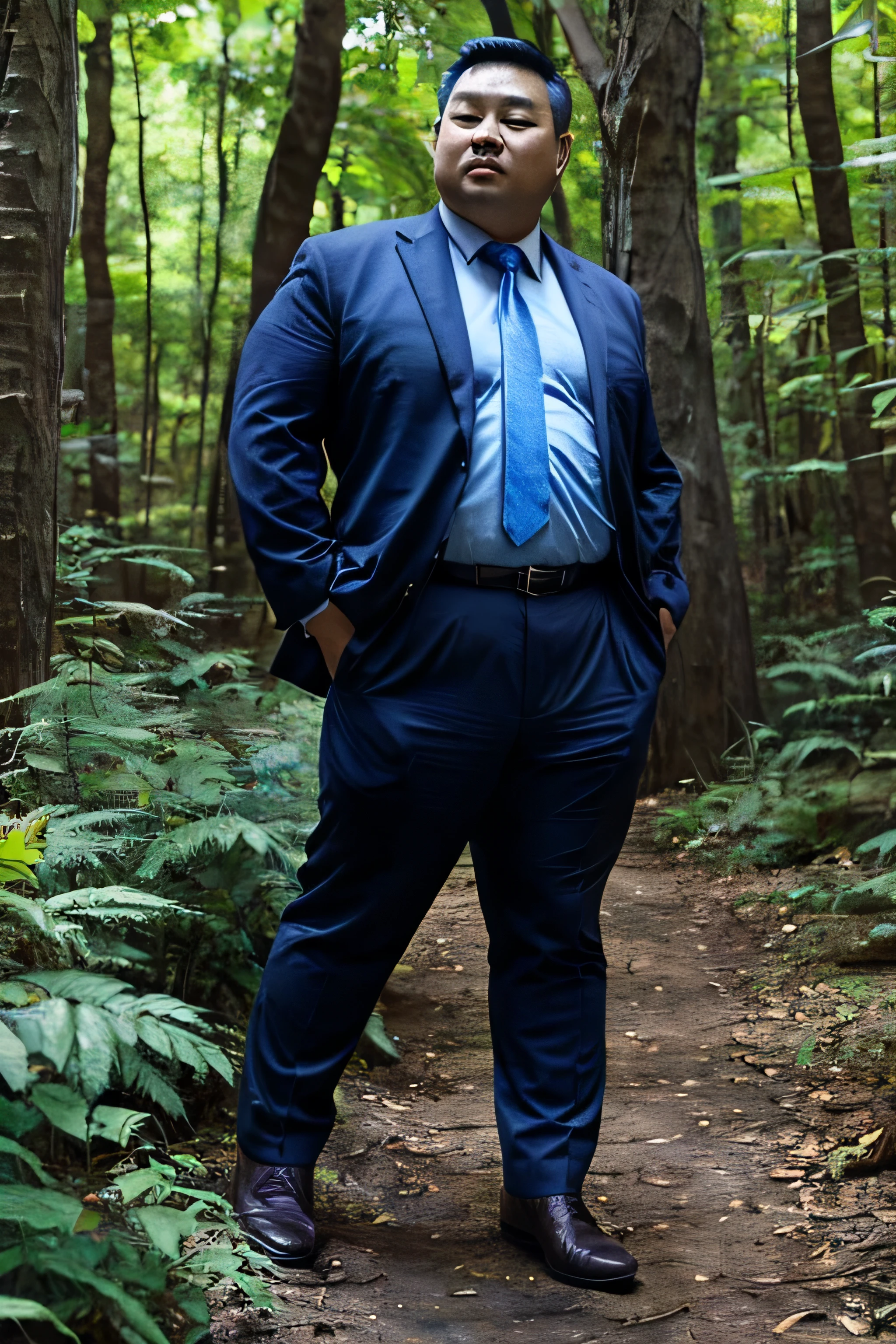 Fat Chinese man wearing light blue shirt and dark blue tie in the forest