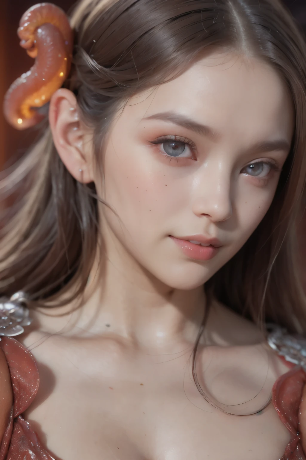 Portrait, (beautiful female alien:1.2), (There is a female genital-like organ in the middle of the forehead..:1.8), (The most beautiful face in the history of the universe:1.2), (scarlet eyes:1.6), (Translucent skin:1.8), an evil gaze that seduces , (red eyes:1.5), Full body like, (sexypose:1.5), alien, No humans, cells are fused, (Lots of translucent tentacles:1.1) (Translucent skin:1.3), extraterrestrial, cell, bio image, 魅惑的, Best Quality, 8K,4K_quality, High Definition, Dramatic Lighting, masutepiece:1.5,cinematic quality, detail up, (Intricate details:1.2), High resolution, High Definition, drawing faithfully, (Thick eyebrows:1.2), Beautiful eyes with fine symmetry, (Ultra detailed eyes:1.2),(Highly detailed face and eyes:1.2), (High-resolution red-eye:1.4), Intimate face, (Super detailed skin quality feeling:1.4), Perfect Anatomy, (Beautiful toned body:1.5), (Moist skin:1.2), No makeup, (dark circles:1.1), long canines, cinematic drawing of characters, ultra high quality model, cinematic quality, detail up, (Intricate details:1.2), High resolution, High Definition, drawing faithfully, Official art, Unity 8K wall , 8K Portrait, Best Quality, Very High resolution, ultra detailed artistic photography, midnight aura, unreal enginee 5, Ultra Sharp Focus, art by alberto seveso, ArtGerm, Roisch, intricate artwork, Medusa, best quality, masutepiece, ultra High resolution, (photos realistic:1.4), Ultra-realistic realism, dream-like, nautilus, Creation of fantasy, Snail, Dream Snail, biopunk nautilus, Thrilling color schemes, Ultra-realistic realism, seductively smiling, Blue tentacles