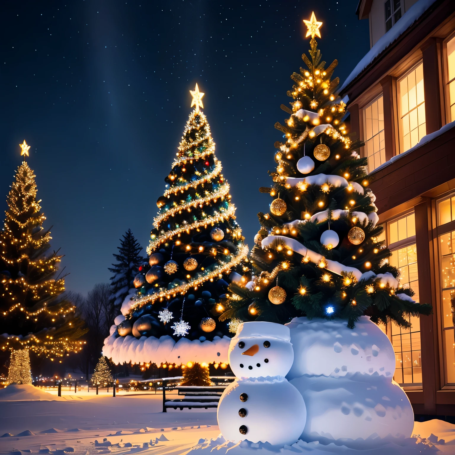 Sparkling Christmas tree with illuminations and snowman
